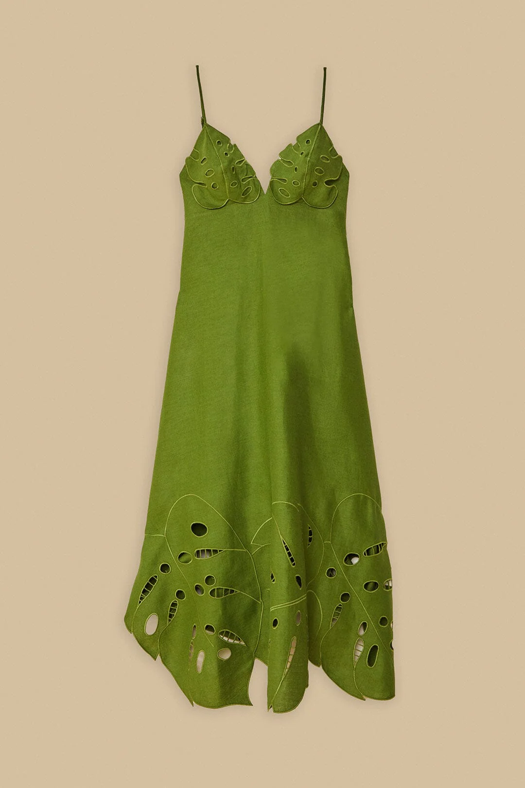 Green Monstera Embroidered Midi Dress