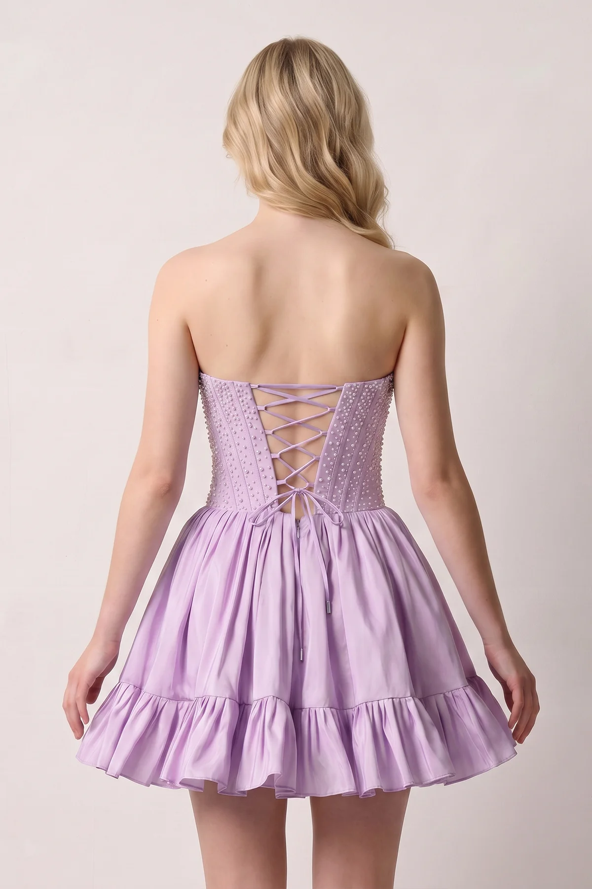 Sky Blue Strapless A Line Satin Ruffles Homecoming Dresses With Pearls