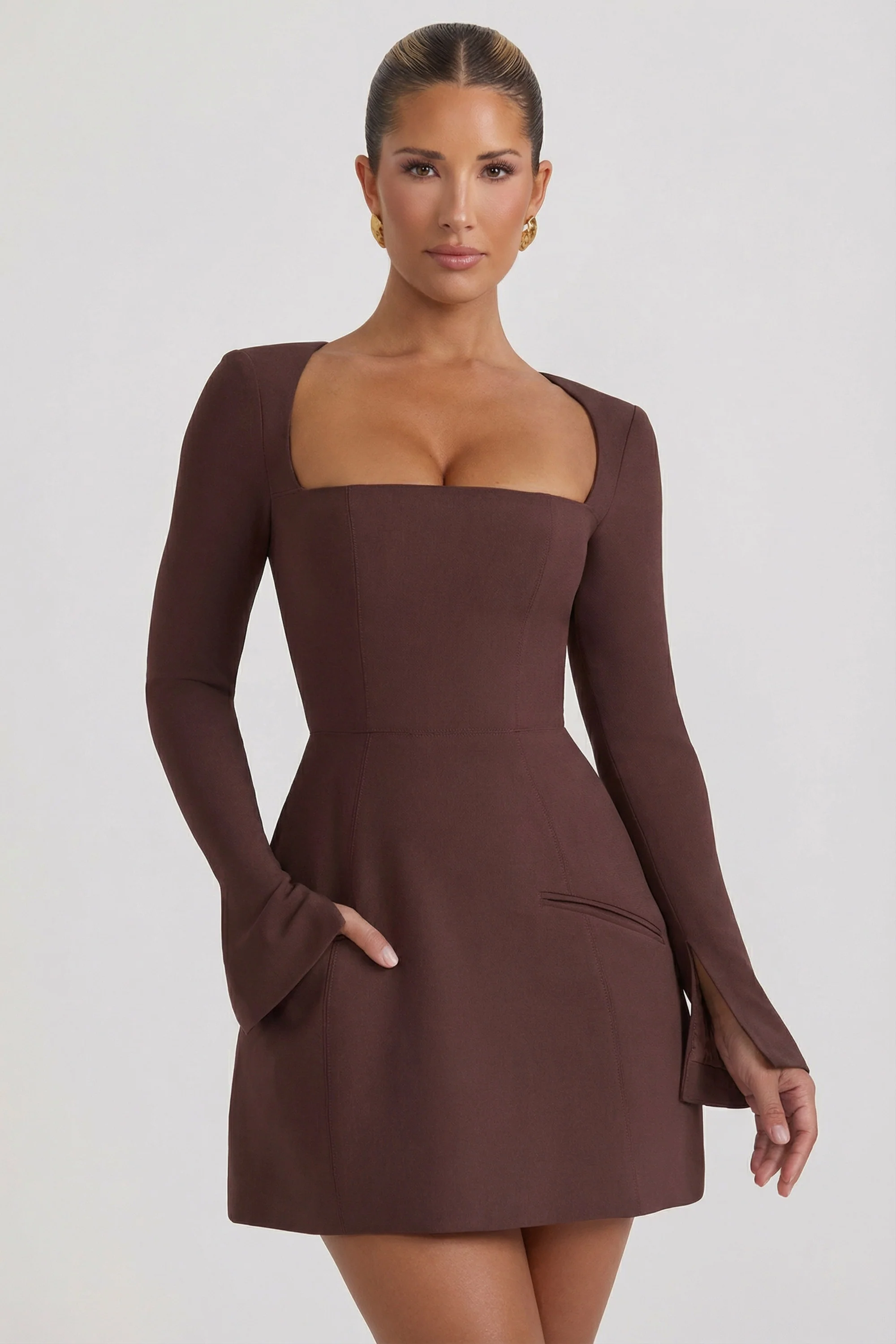Square-Neck Structured Tulip Mini Dress in Chocolate Brown