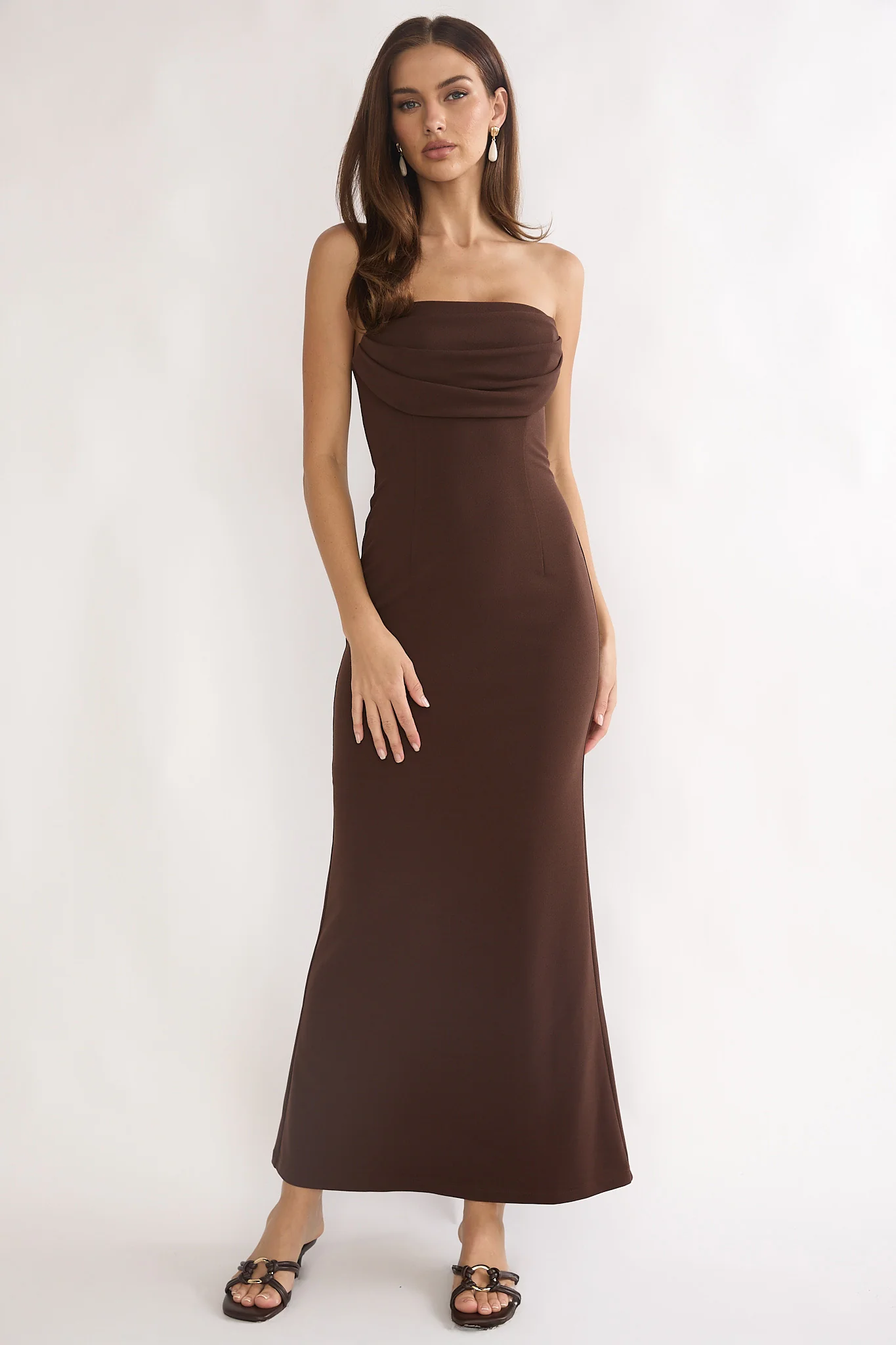 Well Versed Strapless Pleat Bust Maxi Dress Chocolate