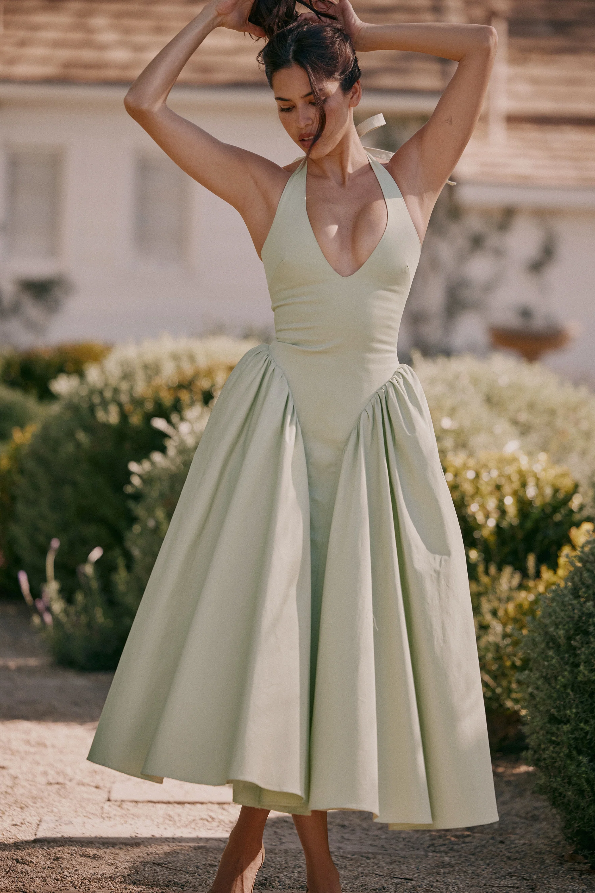 Pistachio Cotton Halter Midi Sundress