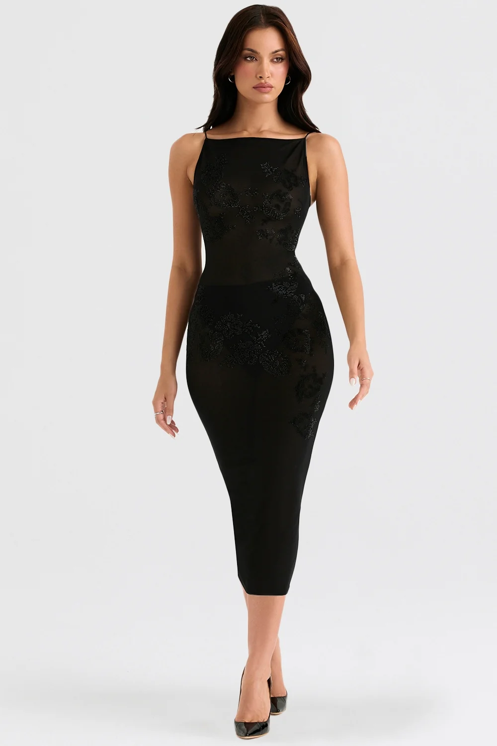 Black Mesh Crystal Embellished Midi Dress