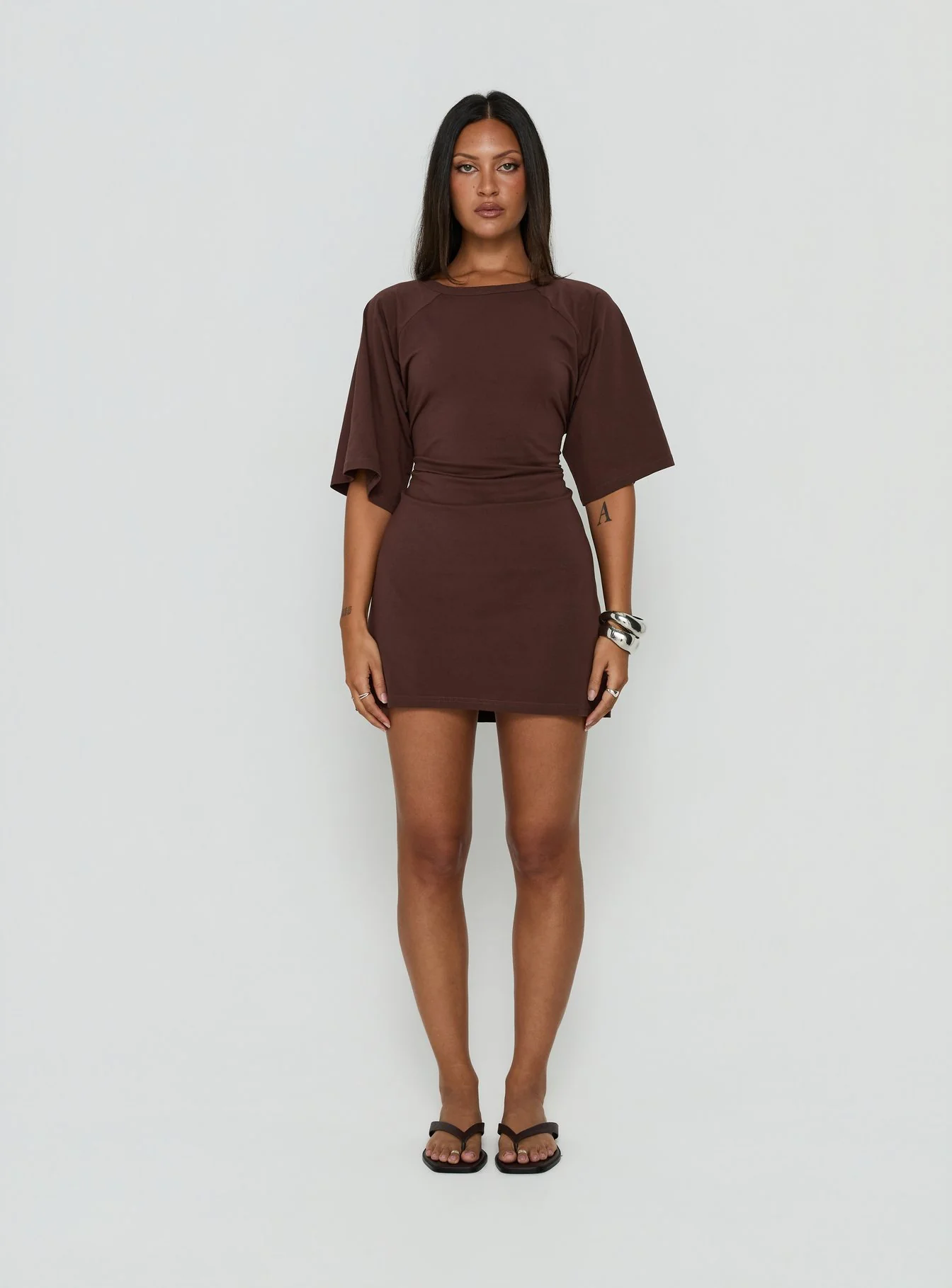 Enzia Raglan Lace Up Mini Dress Brown