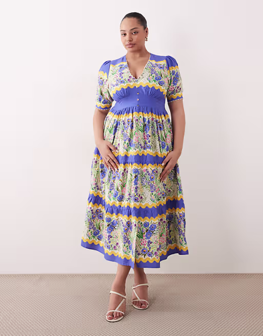 Hope & Ivy Plus v-neck puff sleeve midi smock dress in blue and yellow floral print