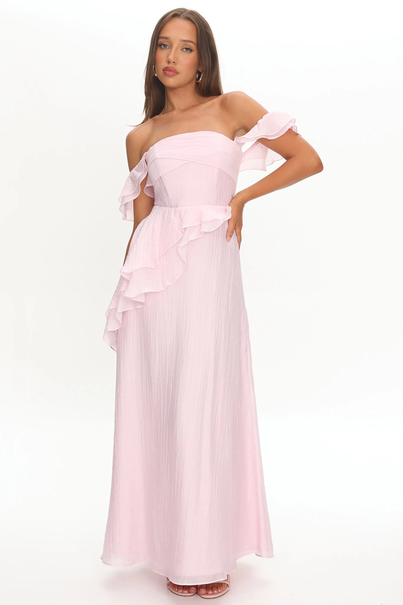 Natale Off-Shoulder Ruffle Maxi Dress Pink - luluinthesky