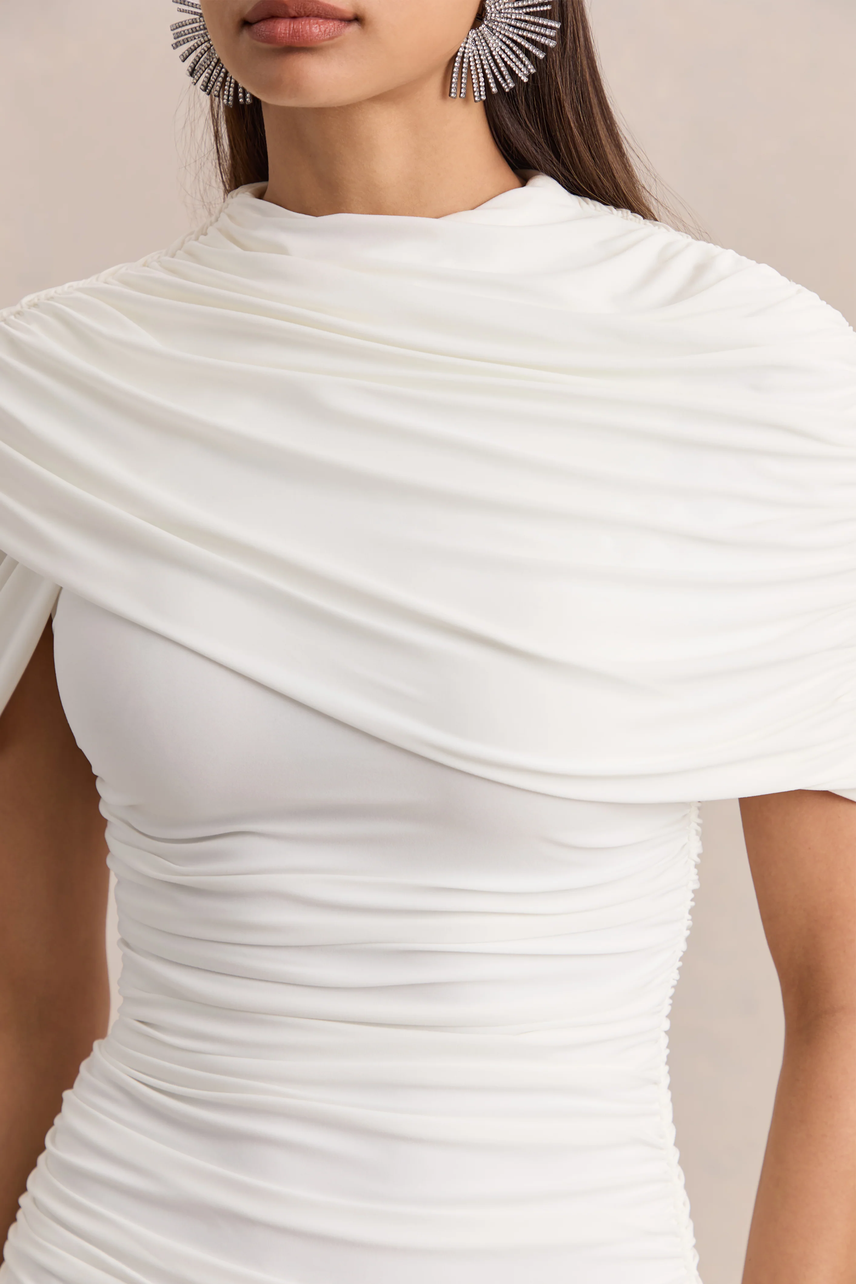 Fenella | White High-Neck Mini Dress With Cape-Sleeves And Ruched Detailing