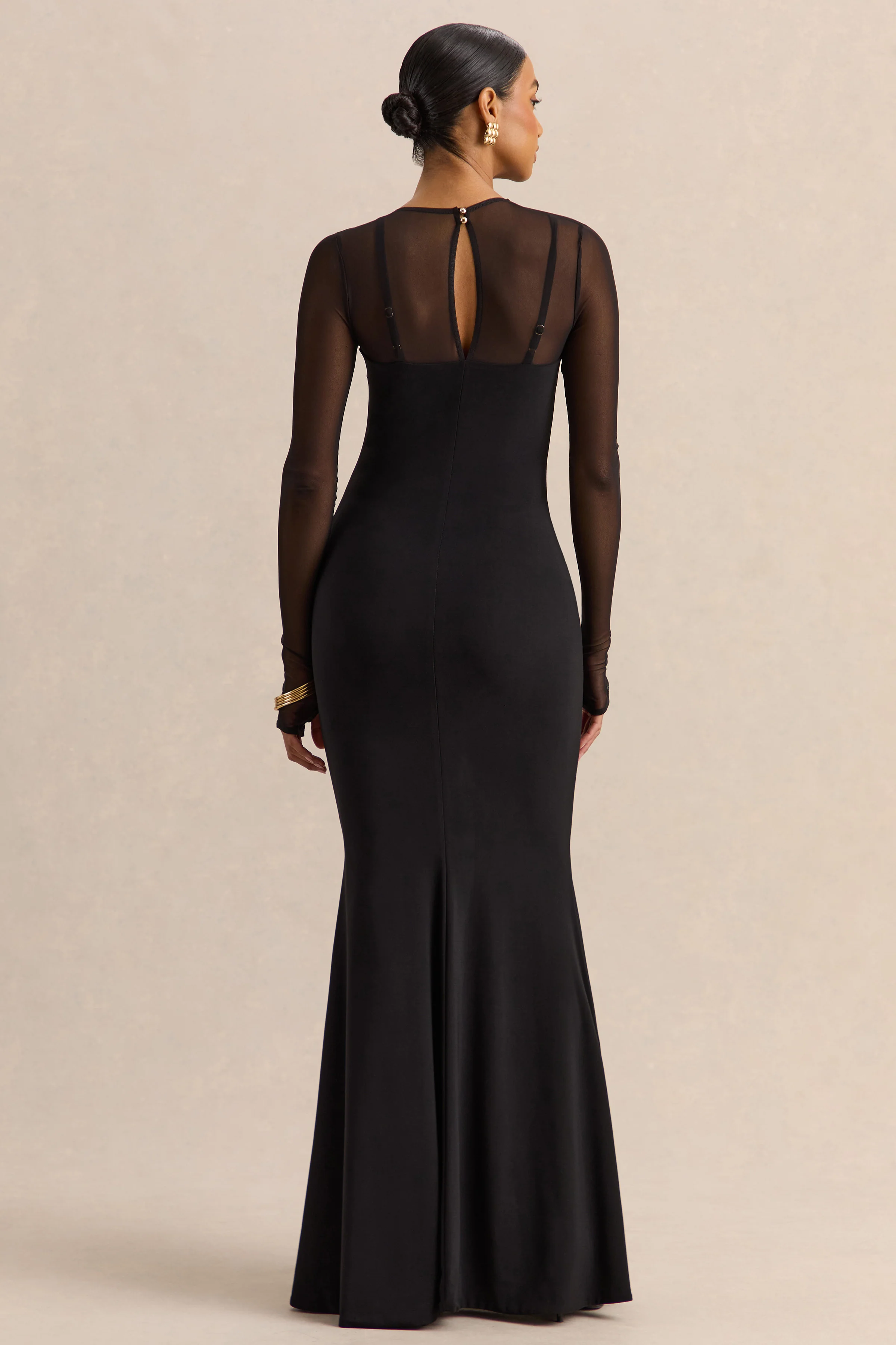Coralia | Black Asymmetric-Neck Maxi Dress With Mesh Long-Sleeves