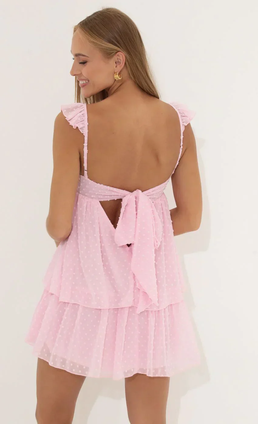 Dotted Chiffon Ruffle Dress In Pink