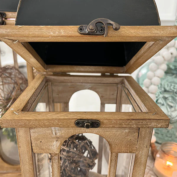 Refined Classic Natural Wood and Black Iron Lanterns, Set of 2