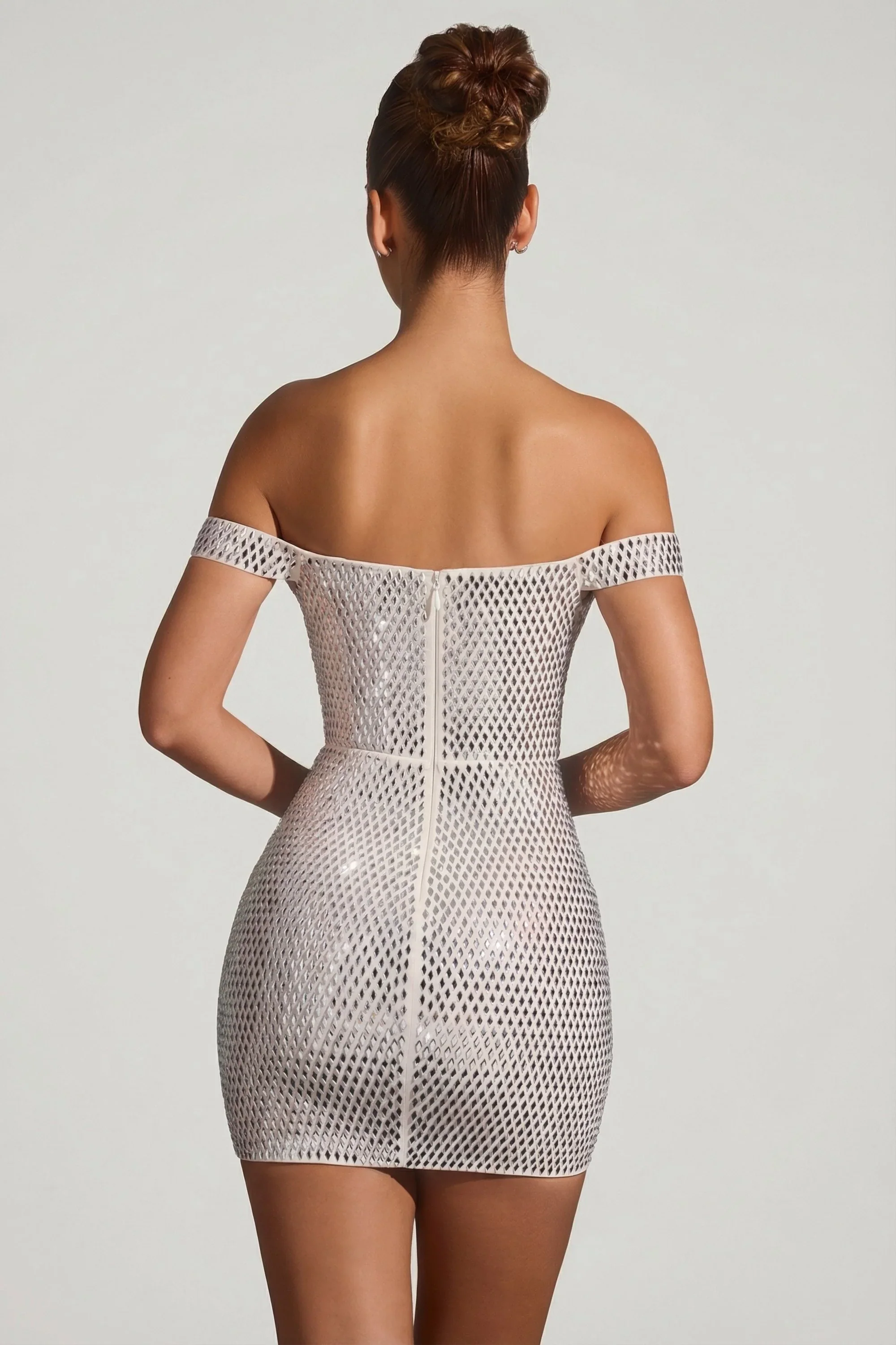 Embellished Off-Shoulder Mini Dress in White
