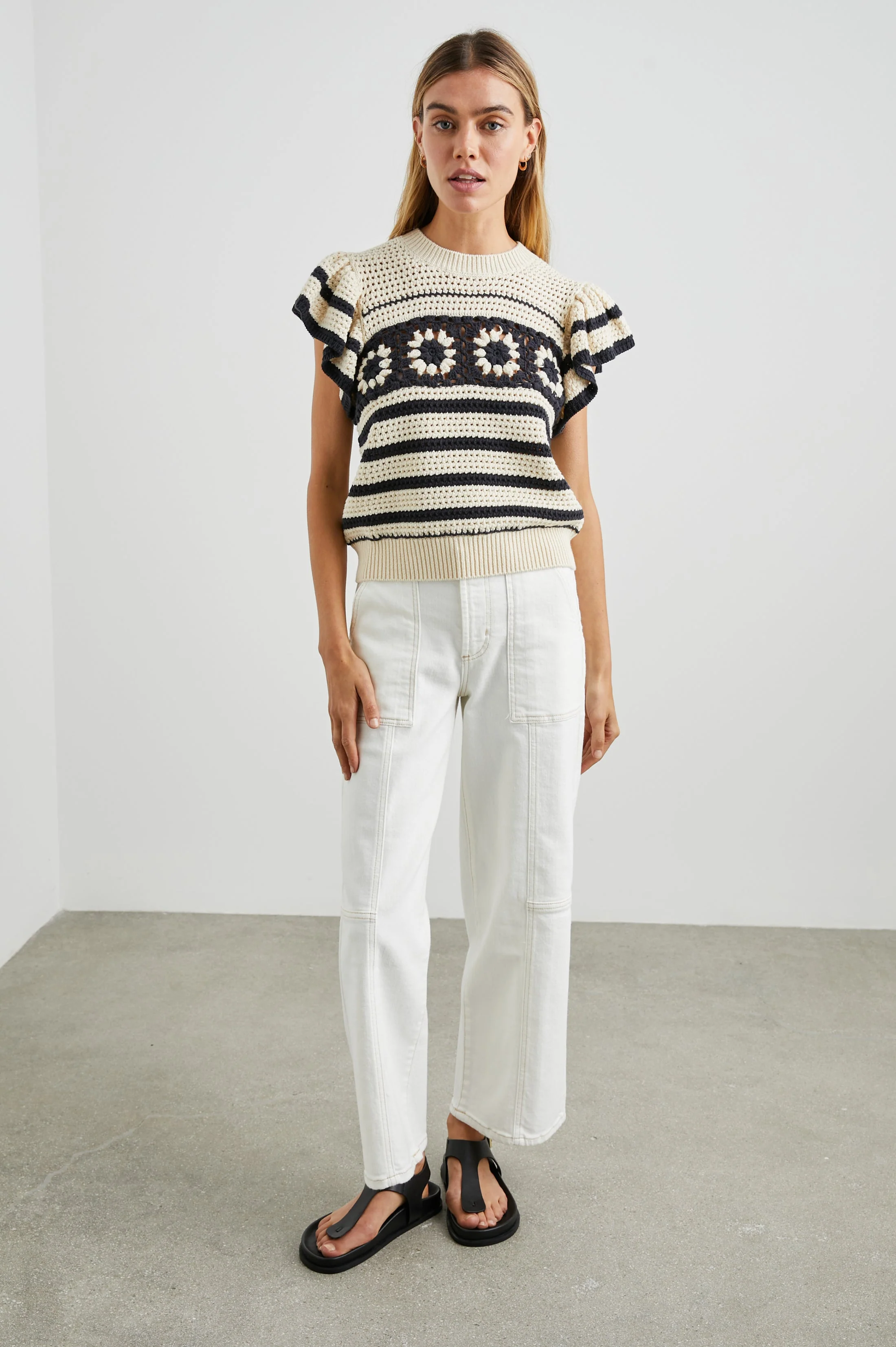 Penelope Top - Oat Navy Crochet Stripe