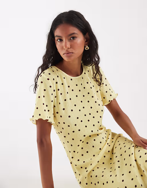 PIECES textured jersey maxi dress in yellow and brown polka dot print