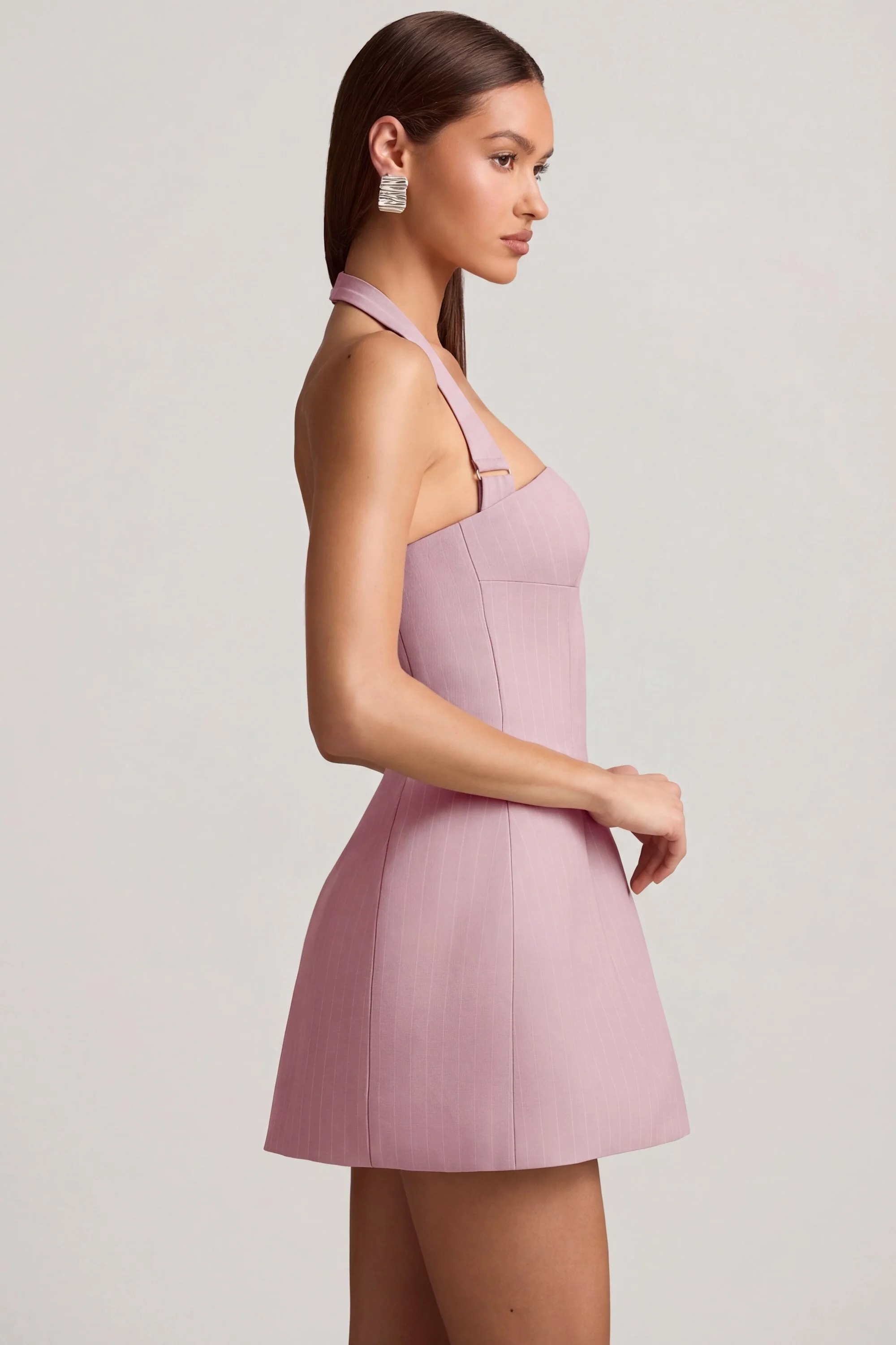 Pinstripe Halterneck Structured A-Line Mini Dress in Mauve