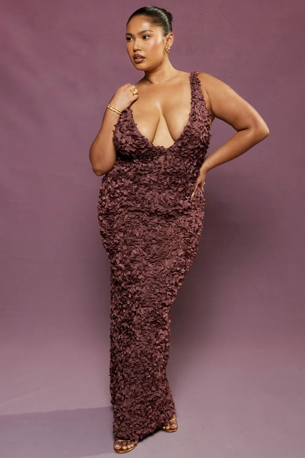 Merlot Plunge Floral Appliqué Maxi Dress