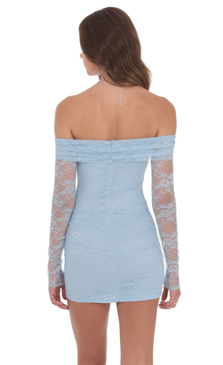Off Shoulder Long Sleeve Lace Dress in Light Blue