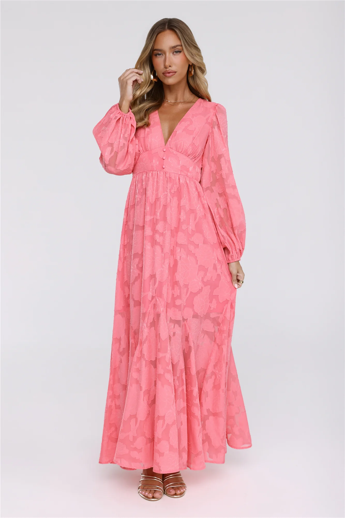 Glow Blossom Long Sleeve Maxi Dress Coral