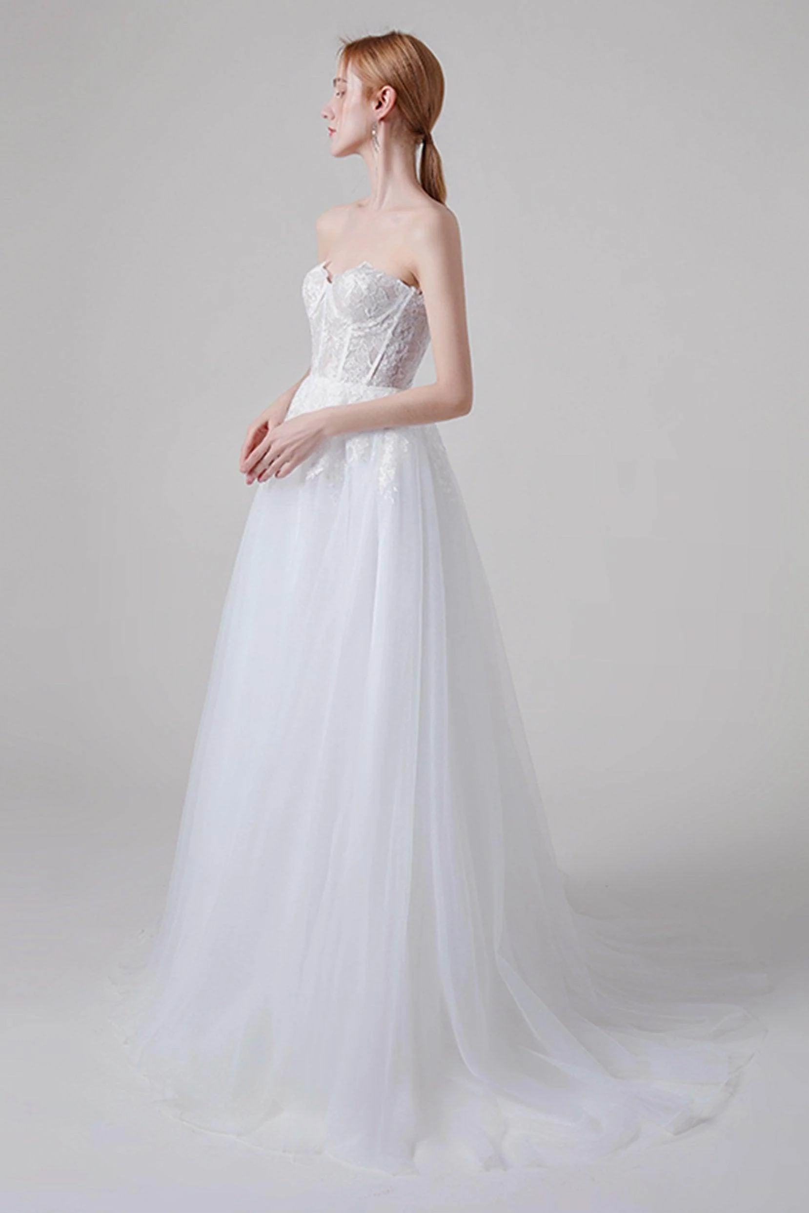 A-Line Sweep-Brush Train Lace Tulle Wedding Dress CW2743