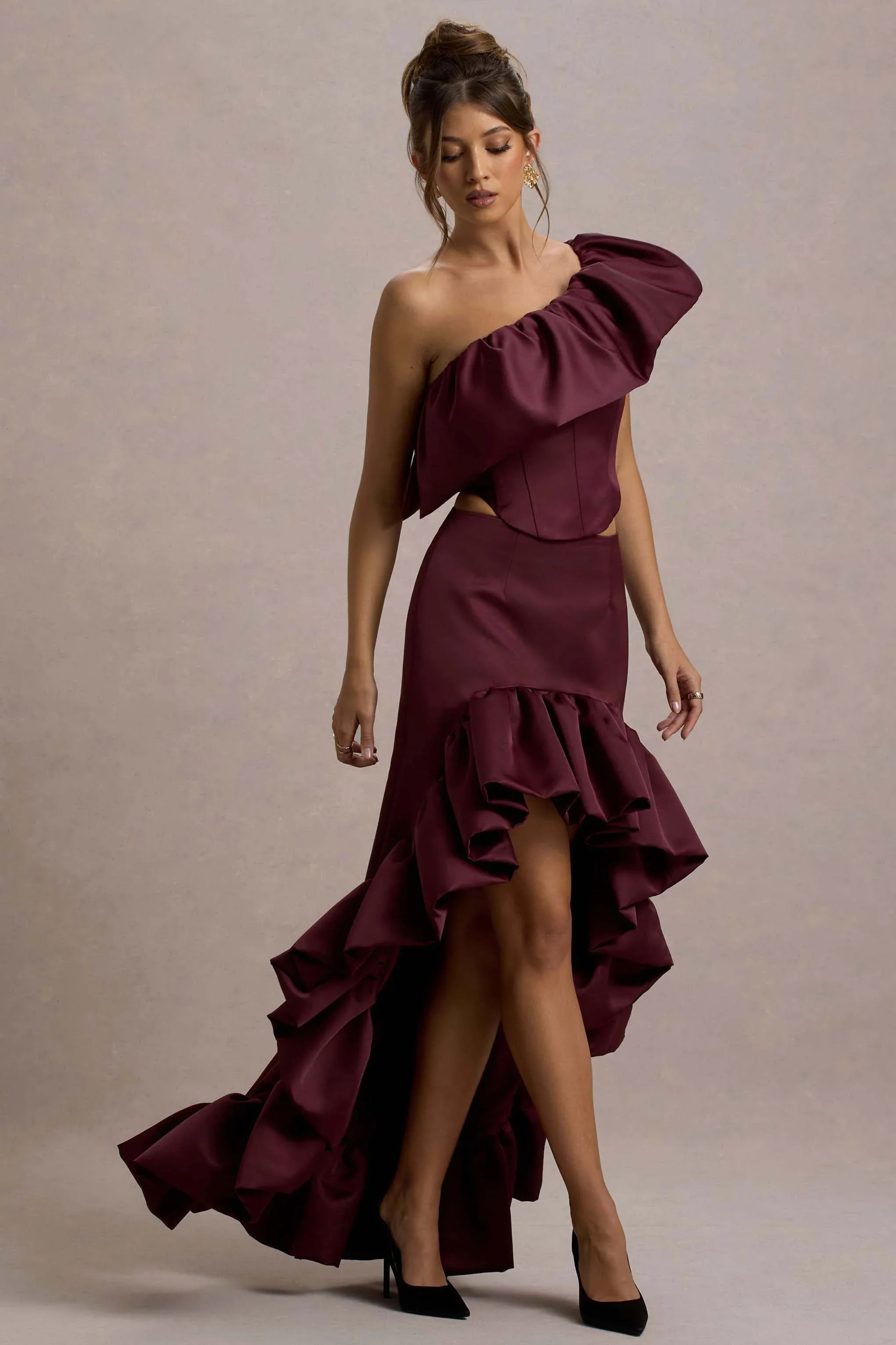 Sandie | Merlot Satin Bardot Ruffled Crop Top
