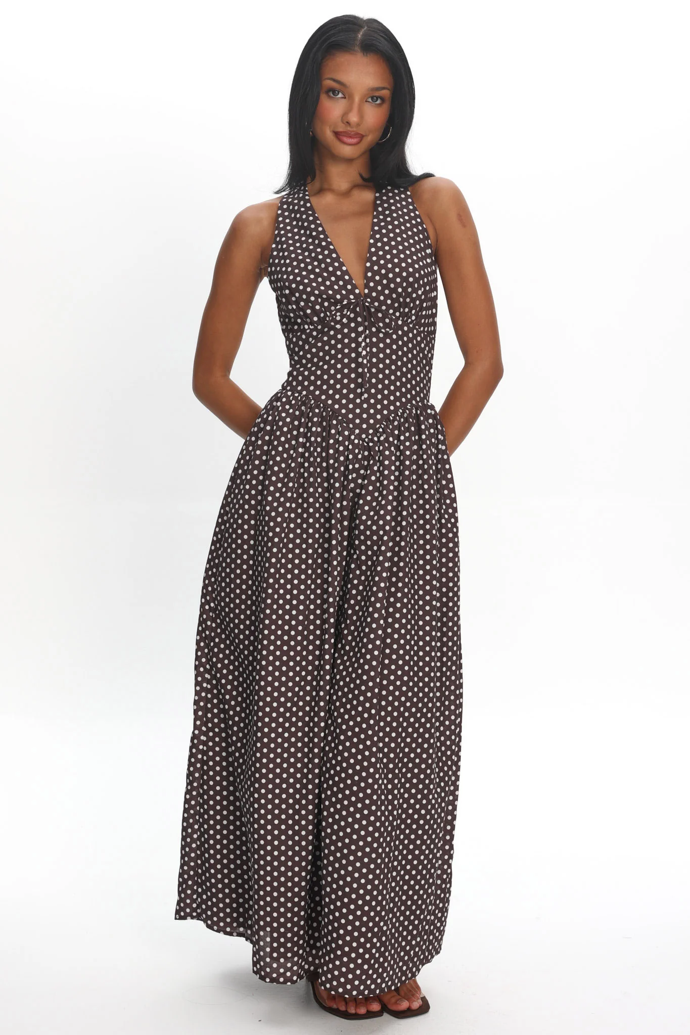 Clarette Basque Waist Open Back Maxi Dress Spotted Chocolate
