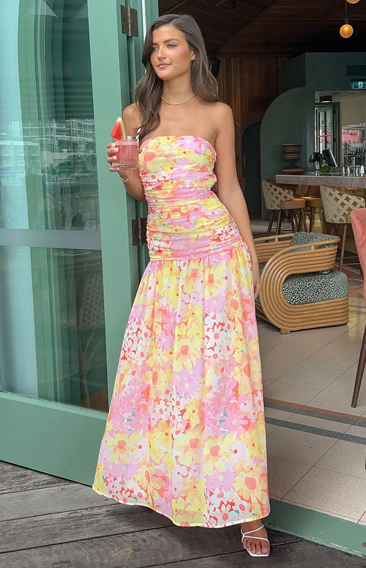 Sinclair Yellow Floral Print Strapless Maxi Dress