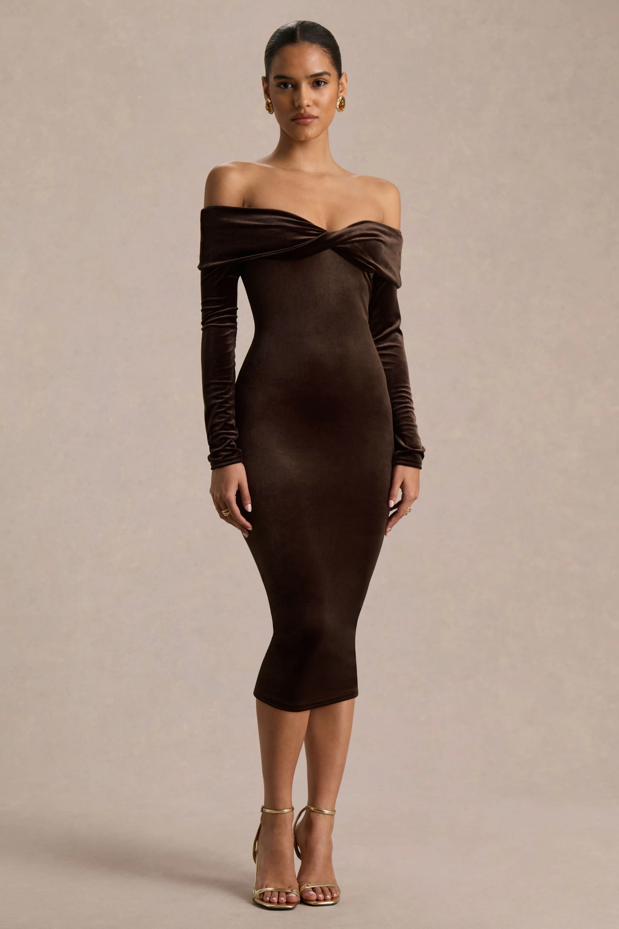 Compliment | Brown Velvet Bardot Midi Dress