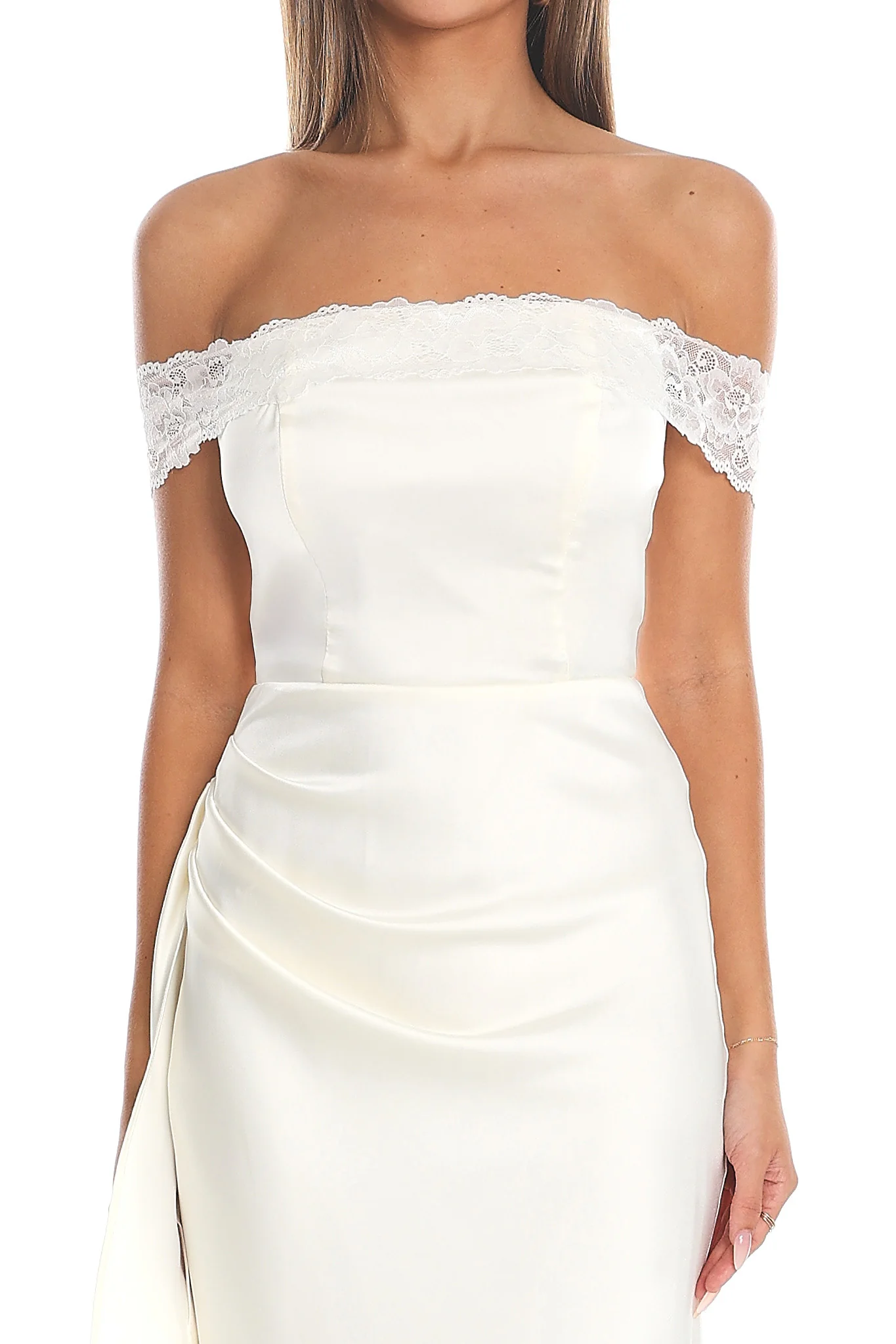 Solemn Vow Off-Shoulder Satin Gown Cream