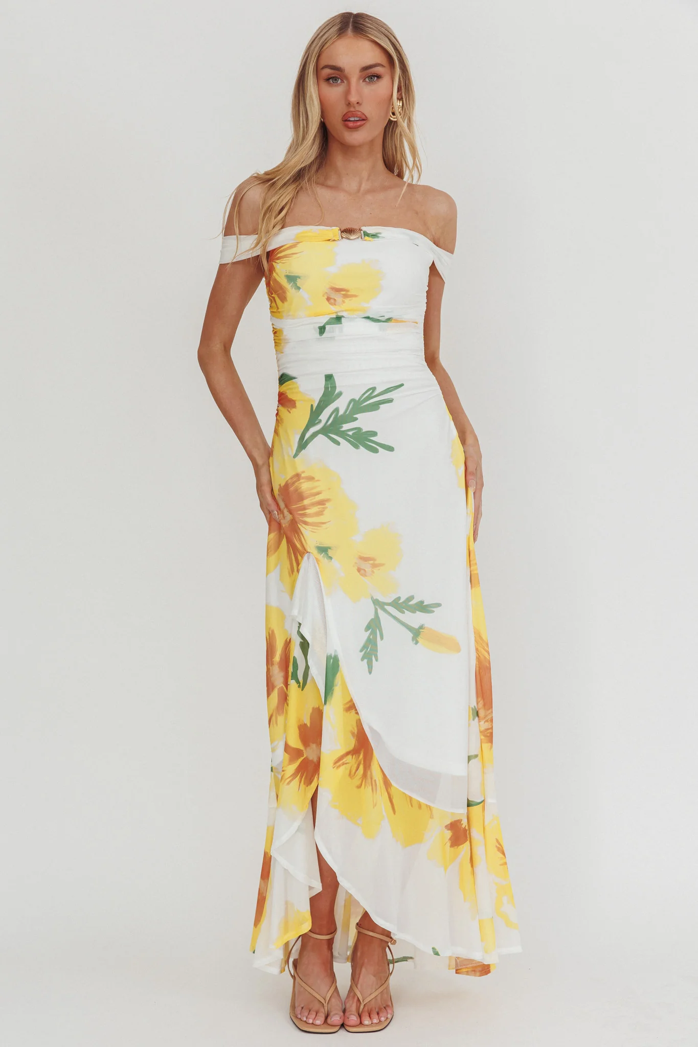 Moonlit Magic Off-Shoulder Split Maxi Dress Flower Yellow