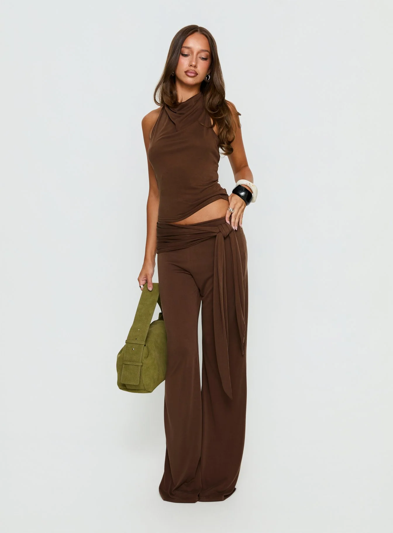 Katiana High Neck Cowl Top Brown