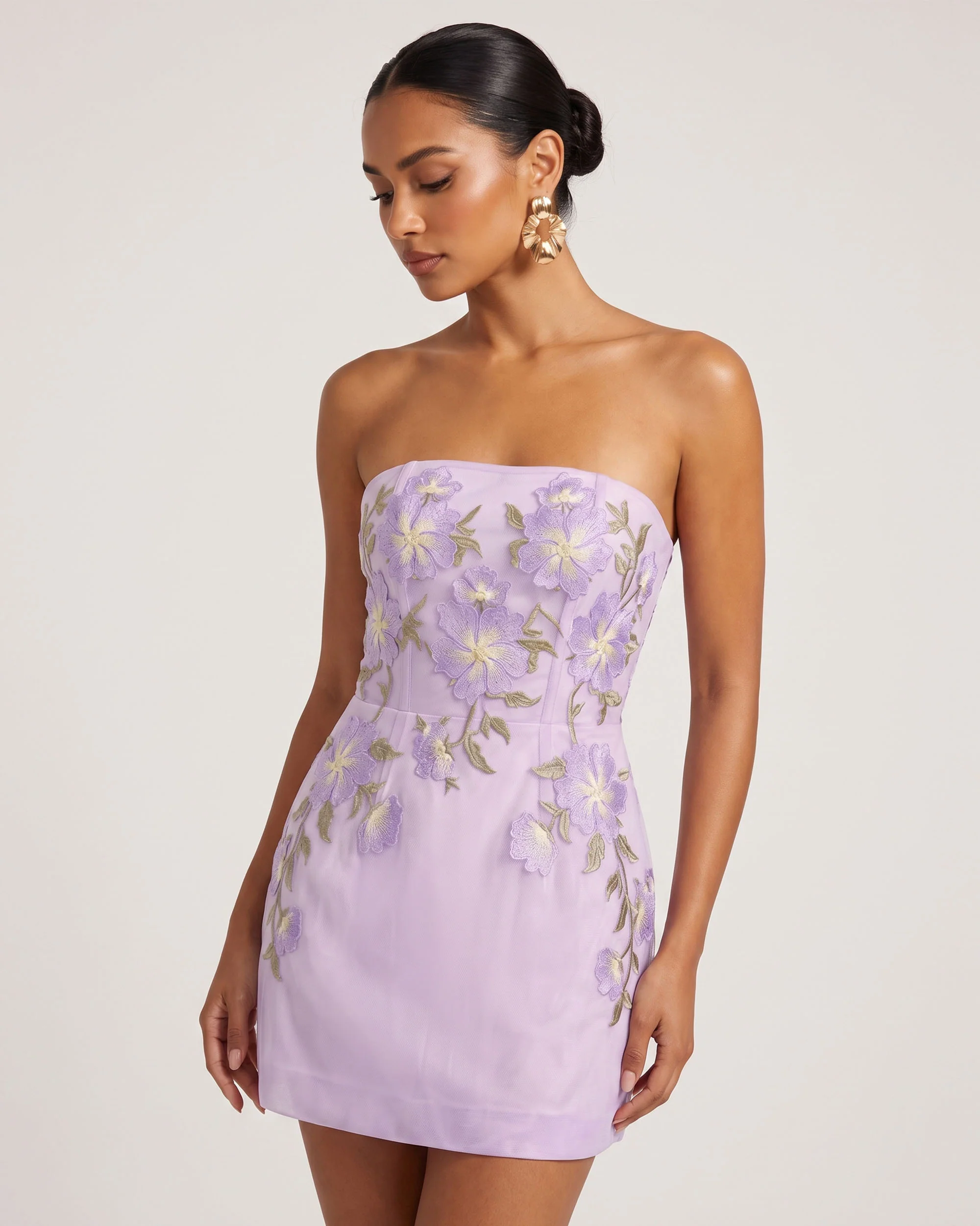 Floral EmbroideredStrapless Corset Mini Dress - Light Purple - FASHION NOB
