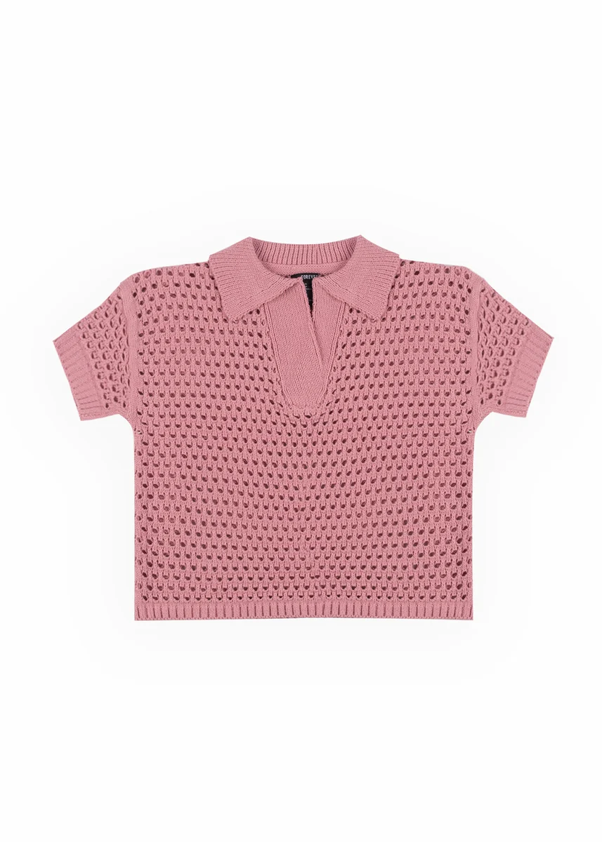 Short-Sleeve Crochet Collared Sweater Top