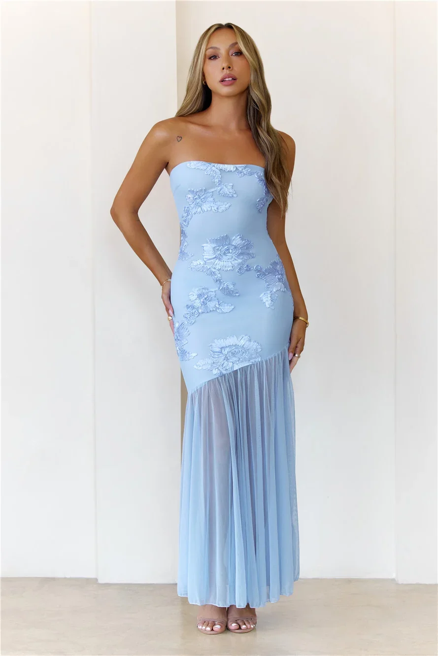 Rosé Mood Strapless Mesh Maxi Dress Blue