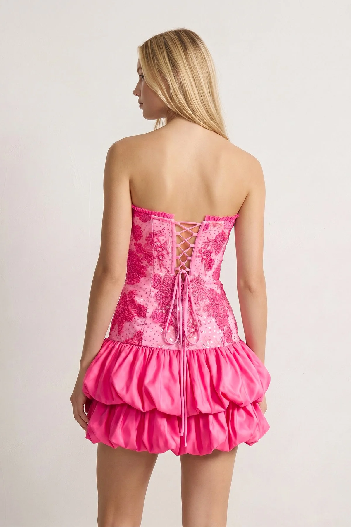 Hot Pink Strapless Embroidered Flower Ruched A-Line Homecoming Dress