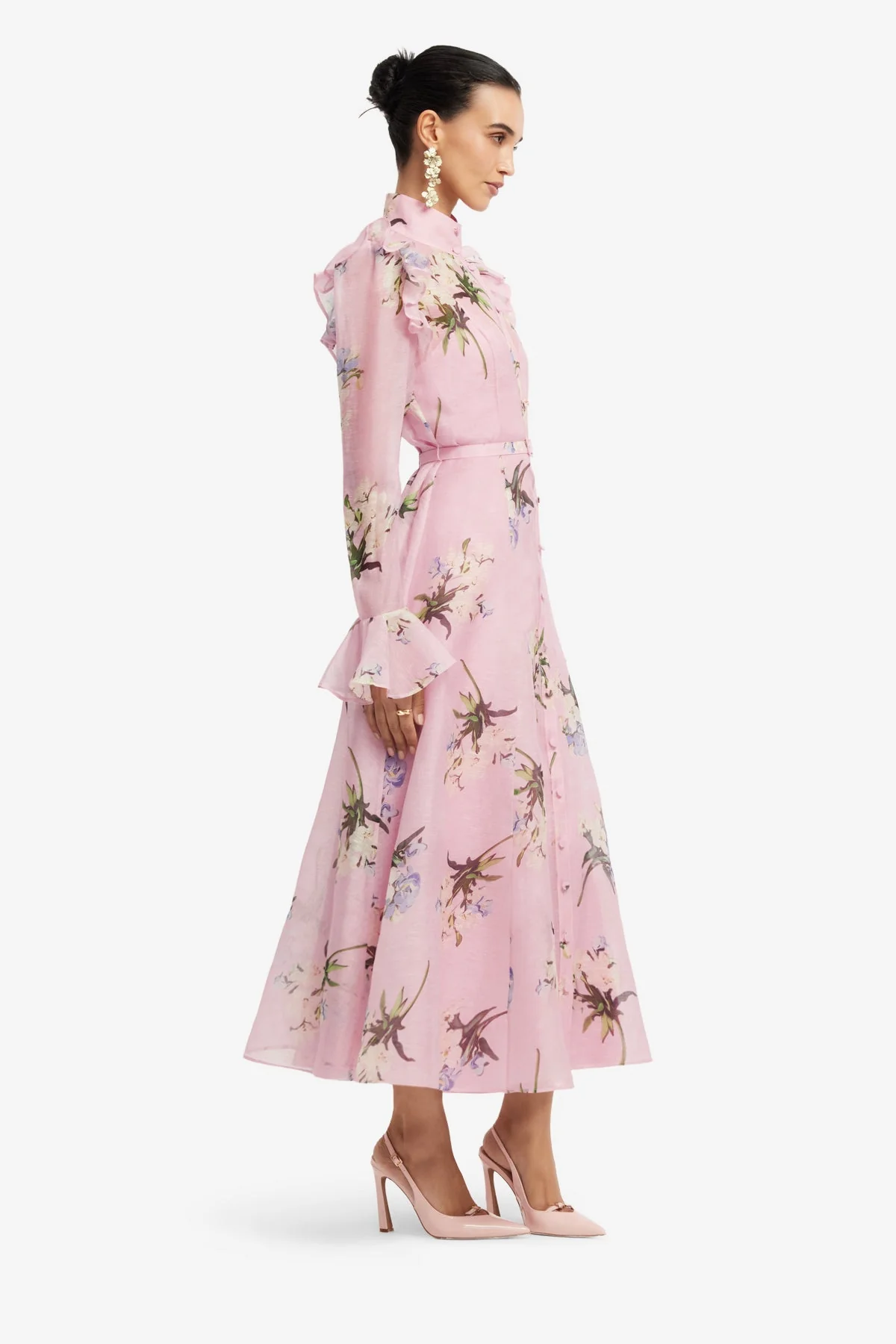 Katrina Butterfly Sleeve Midi Dress - Bouquet Print in Pastel Pink
