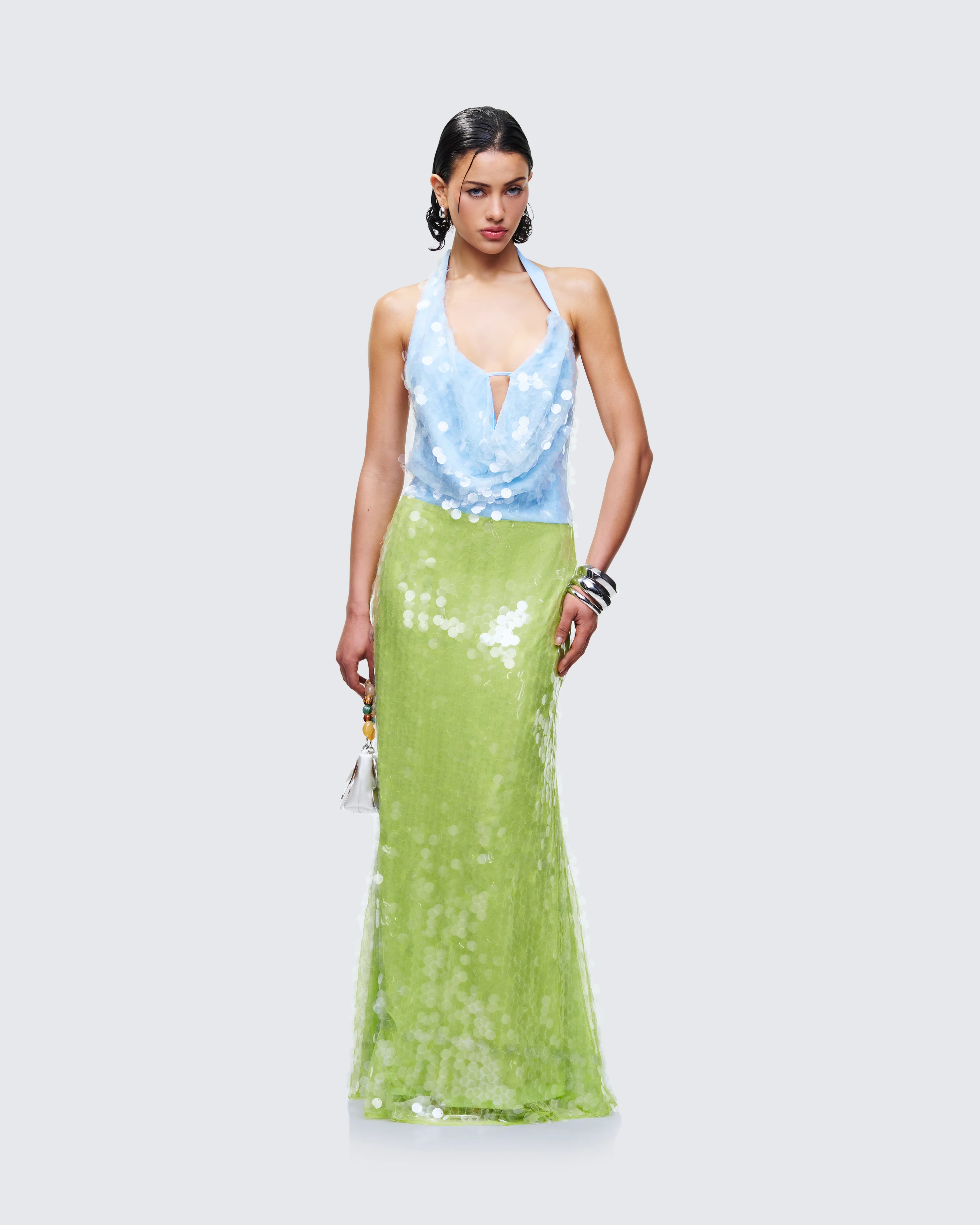 Zelda Blue Sequin Cowl Neck Maxi Dress