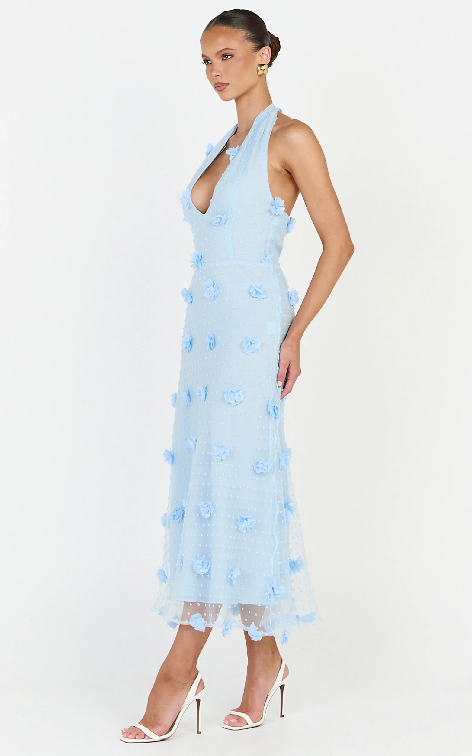 Azalea Midi Dress - Halter Neck 3D Floral Fit And Flare Dress in Blue