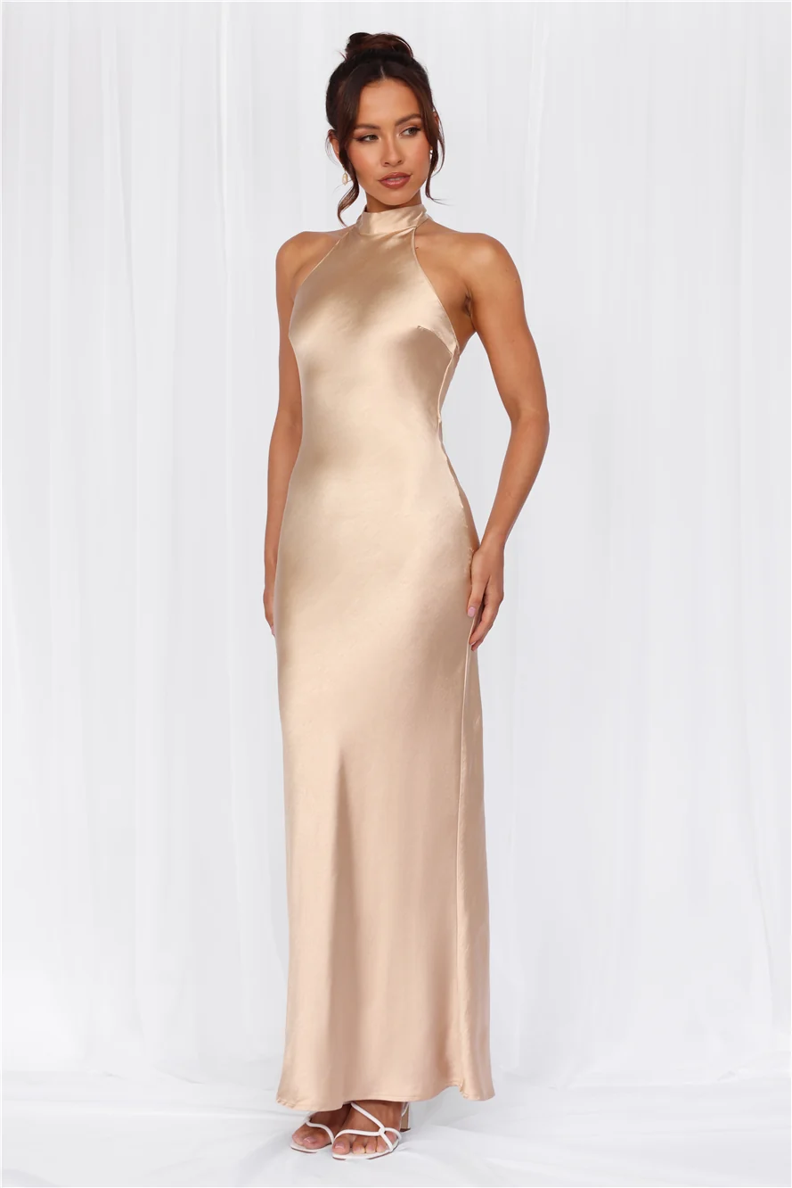 The Cleo Halter Satin Maxi Dress Champagne