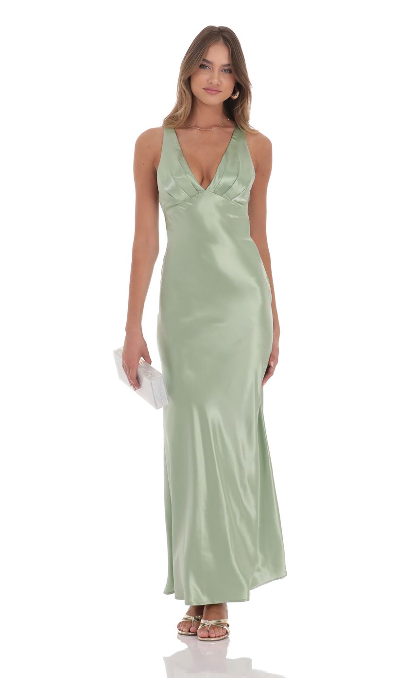 Satin V-Neck Maxi Dress in Sage