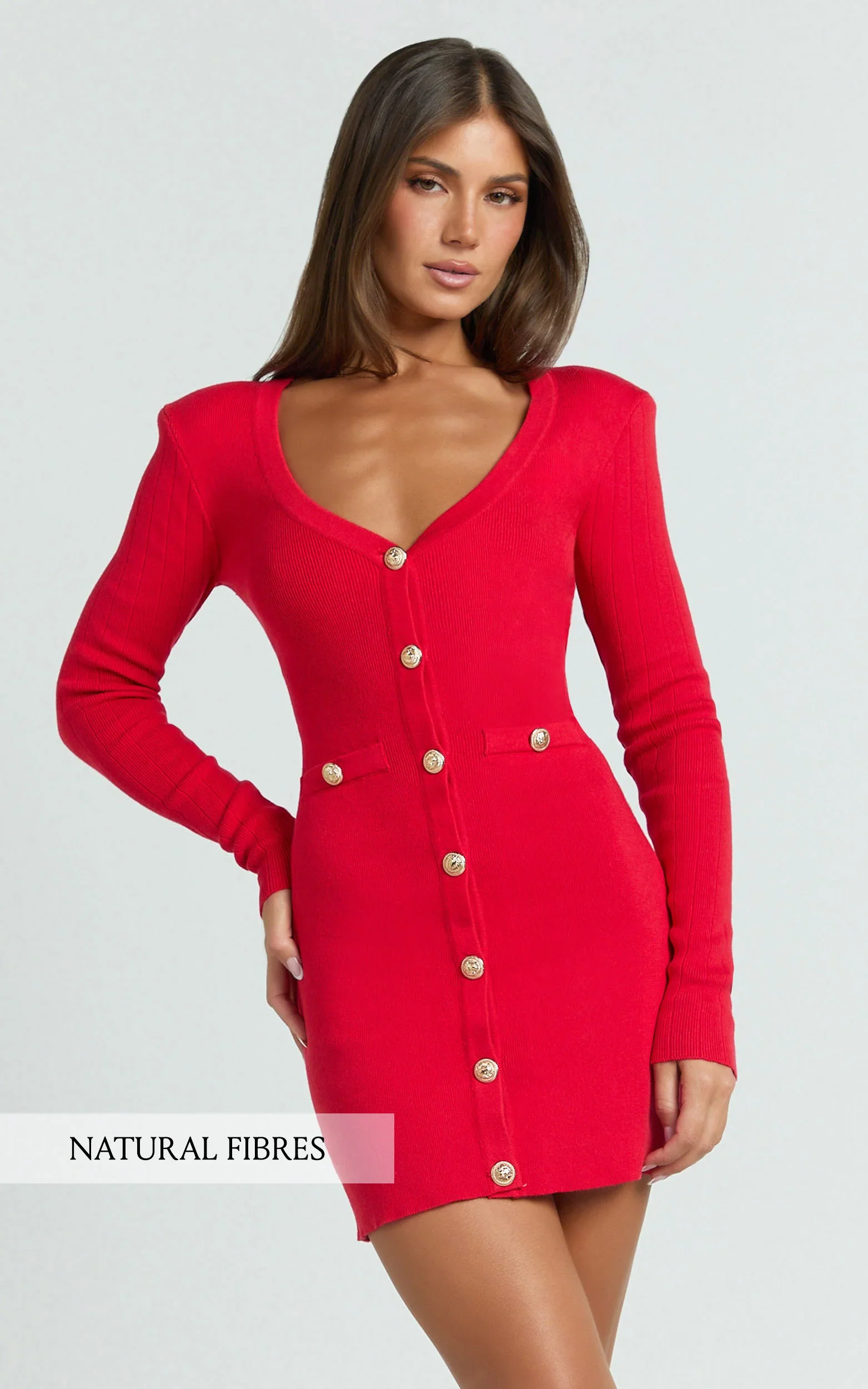 Nikka Mini Dress - Long Sleeve V Neck Bodycon Knit Dress in Red
