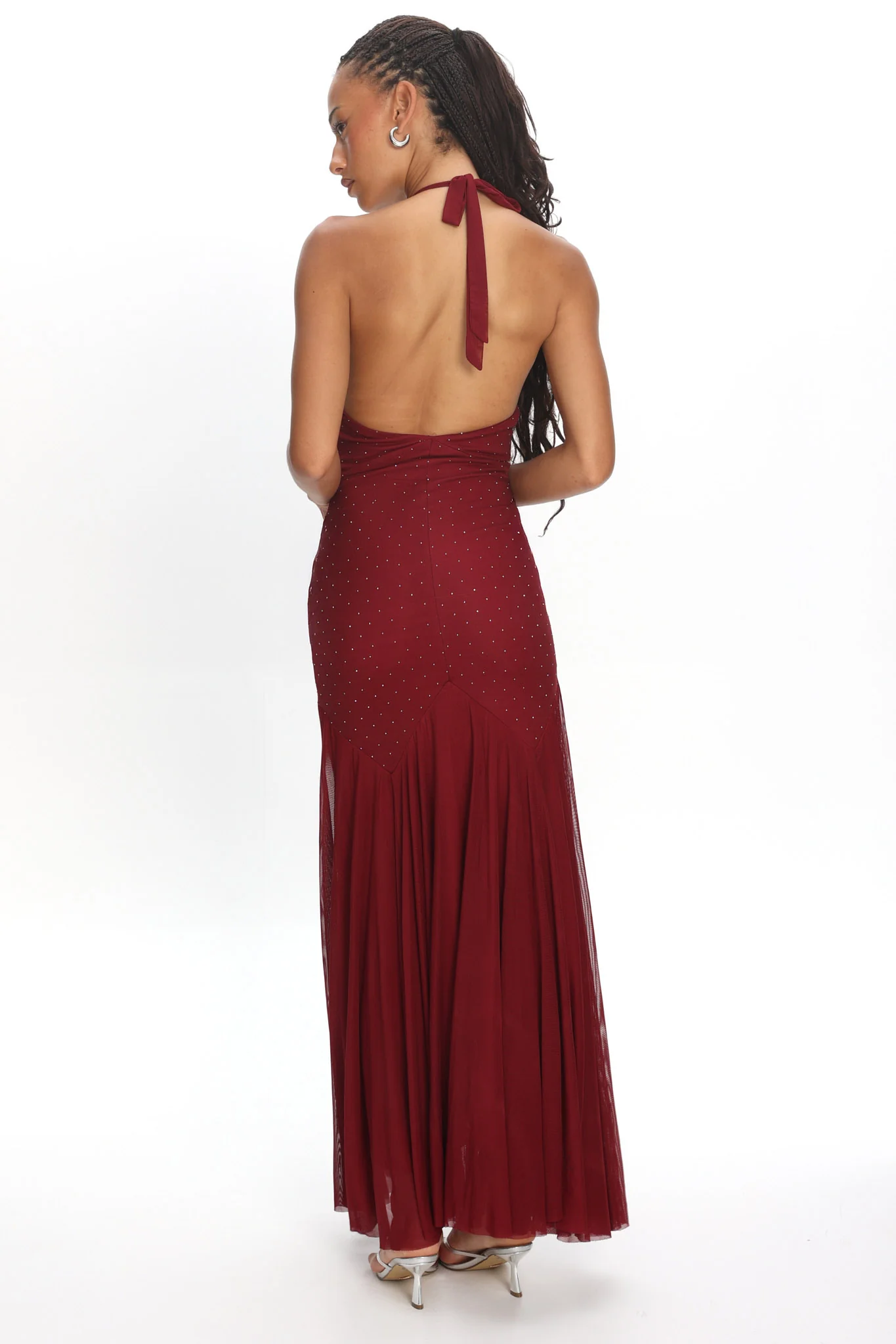 Endira Halter Sheer Hem Midi Dress Burgundy - luluinthesky