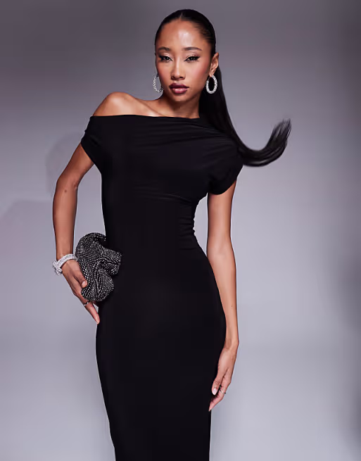 Kaiia exclusive double layered slinky drape off shoulder bodycon maxi dress in black
