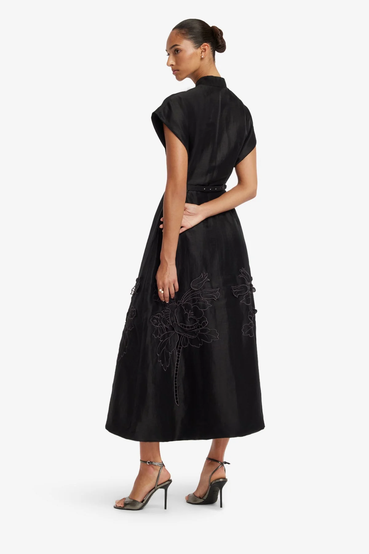Aubrey Appliqué Shirt Midi Dress - Ebony
