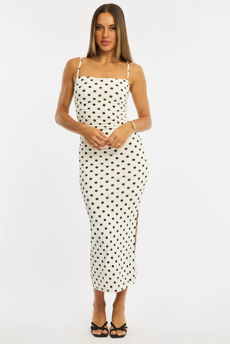 White Polka Dot Bodycon Dress Maxi
