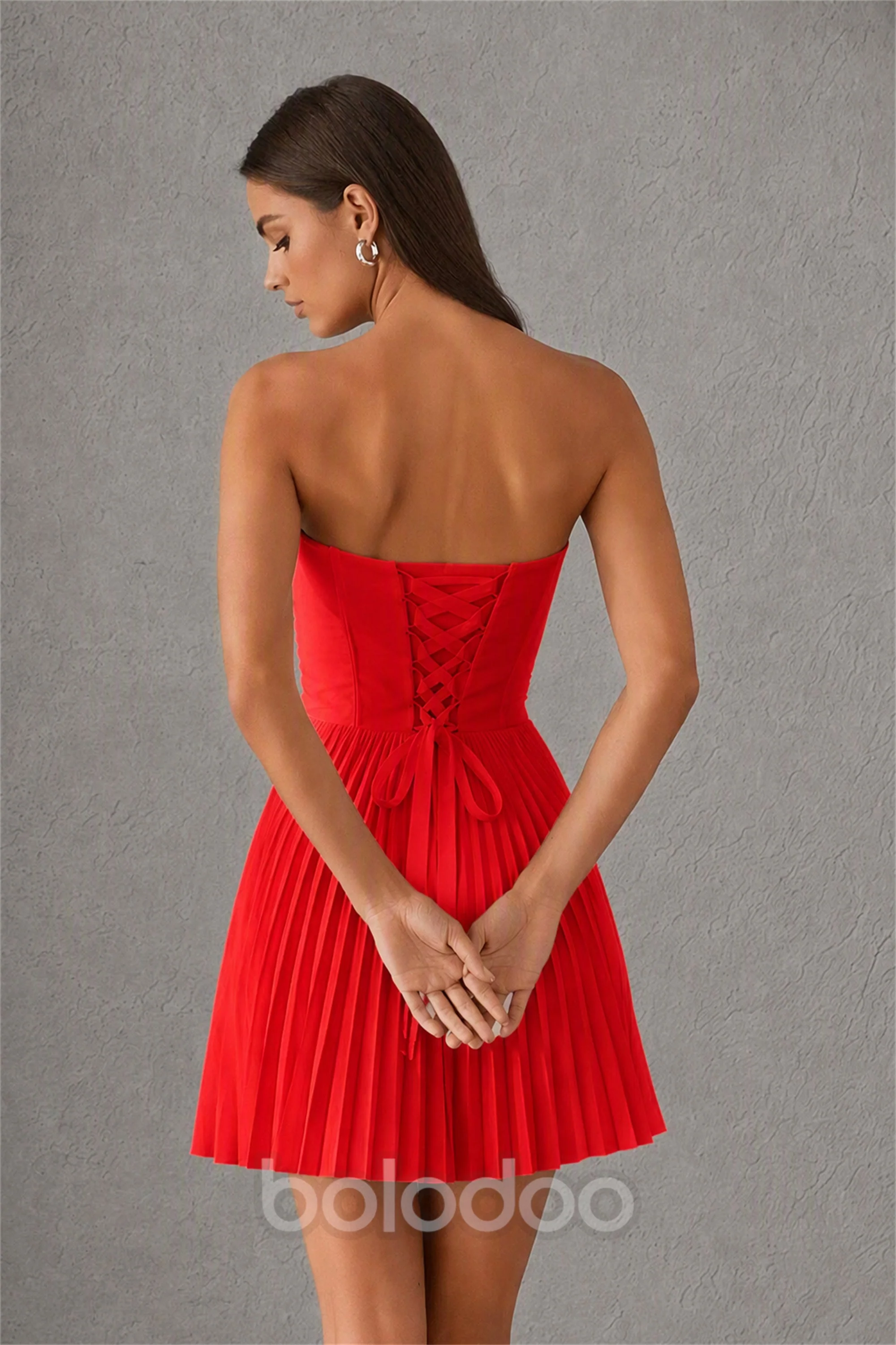 BOLODOO Red（1） Strapless Sweetheart Pleated Corset Mini Dress with Lace-Up Back