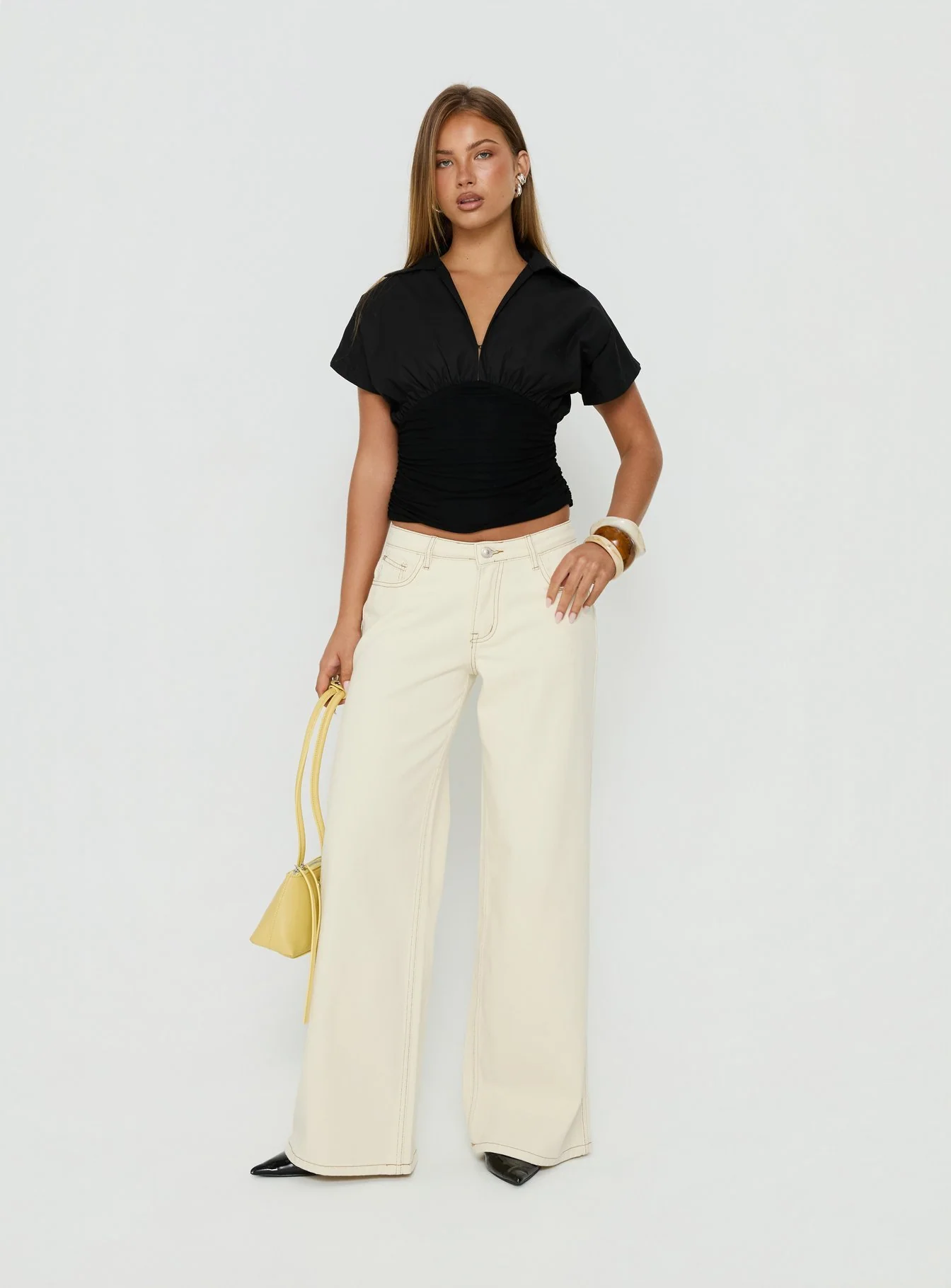 Ramos Low Rise Wide Leg Denim Jeans Cream