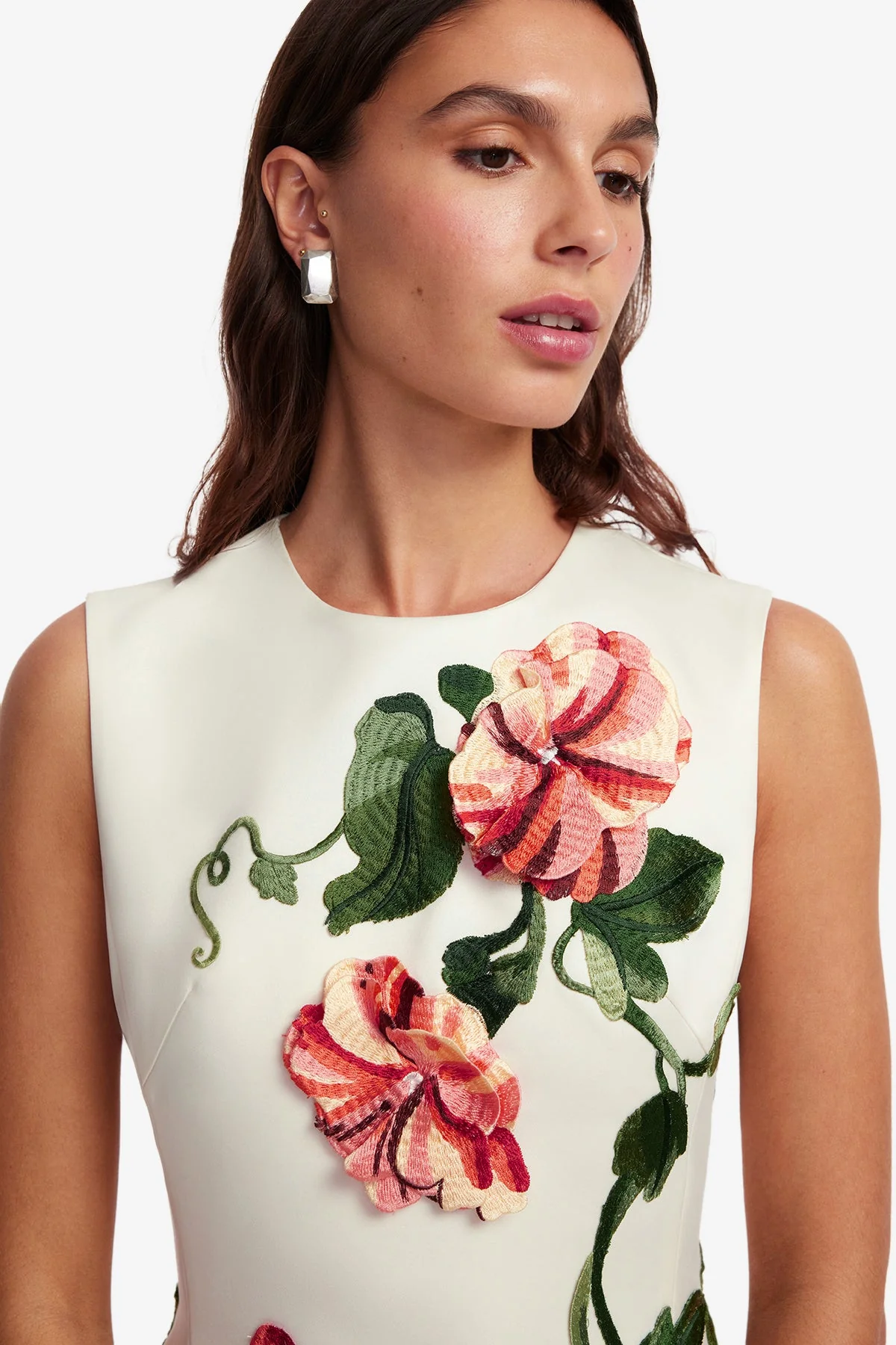 Cleo Appliqué Sleeveless Midi Dress - Vine Print in Snow