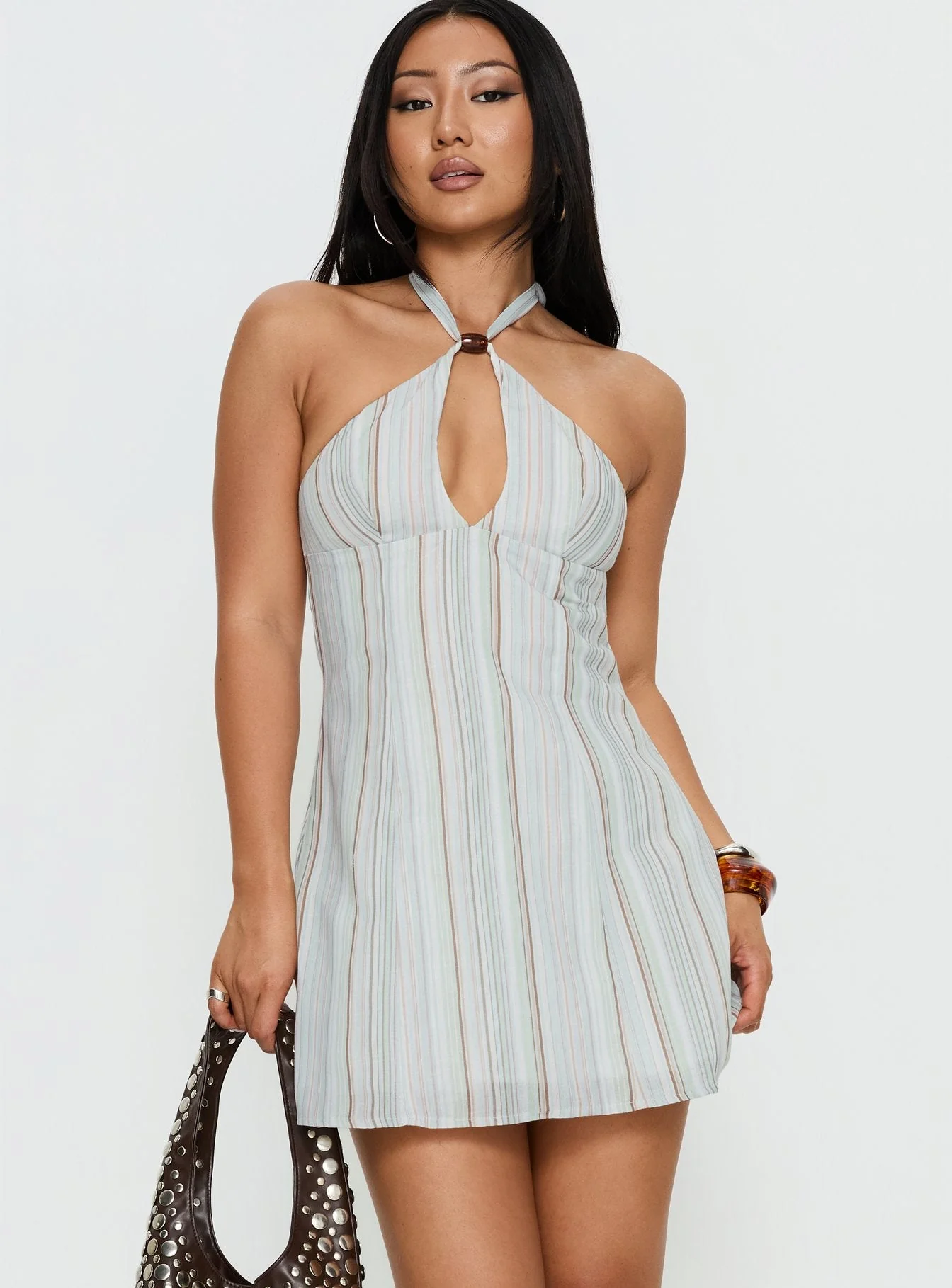 Electric Night Halter Mini Dress Blue Stripe