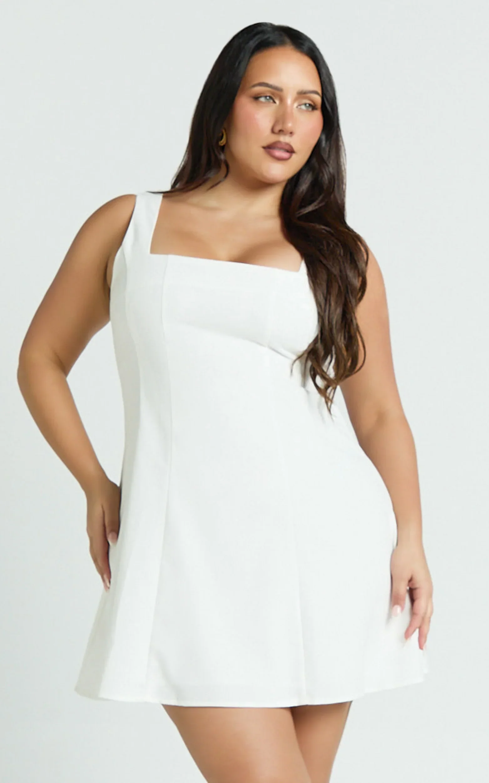 Adiana Mini Dress - Linen Square Neck Shirred Back A Line Dress in Off White