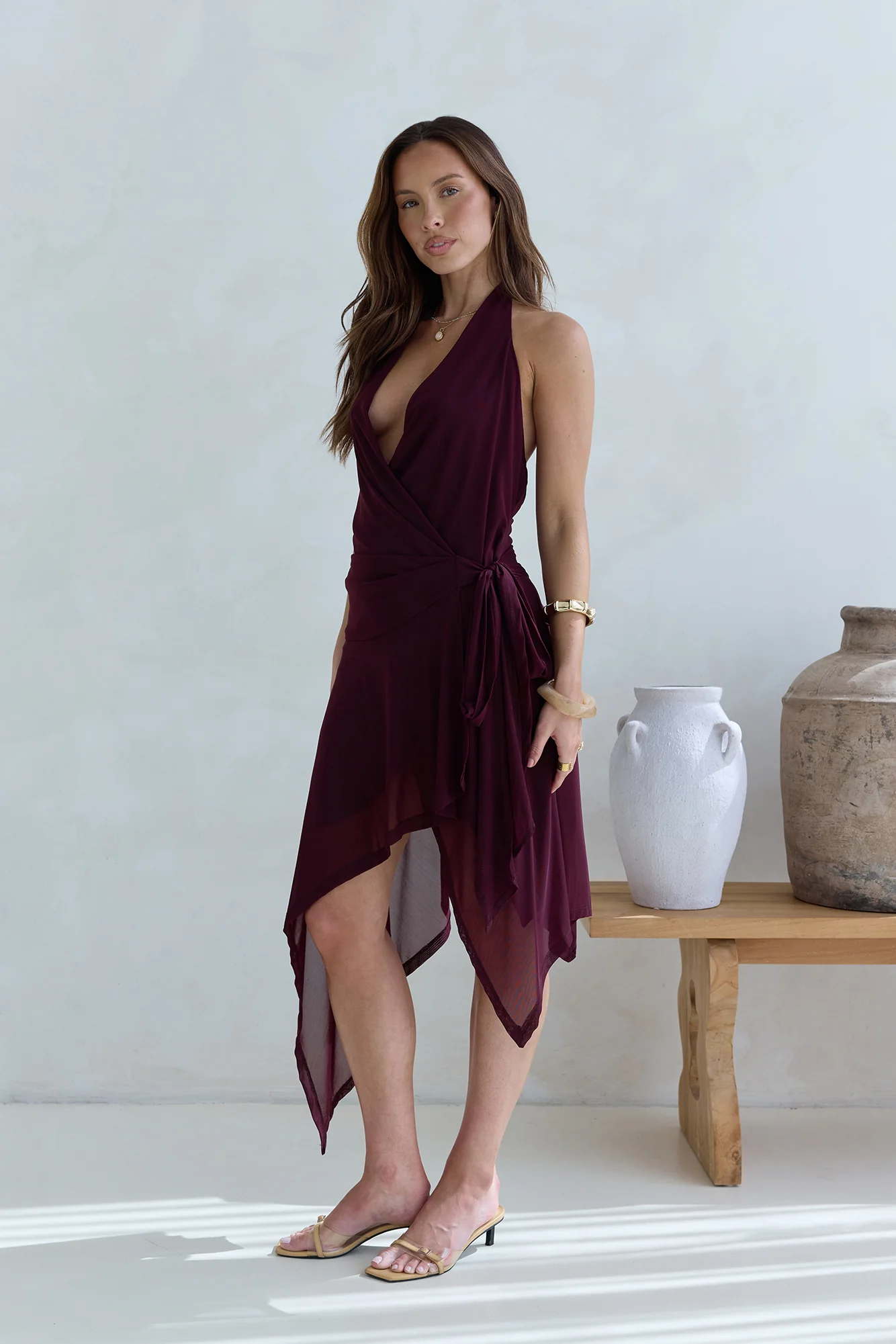 Starry Dreams Halter Mesh Mini Dress Burgundy