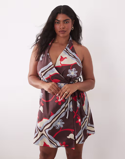 Curve cotton linen halter neck wrap mini sundress in burgundy scarf print