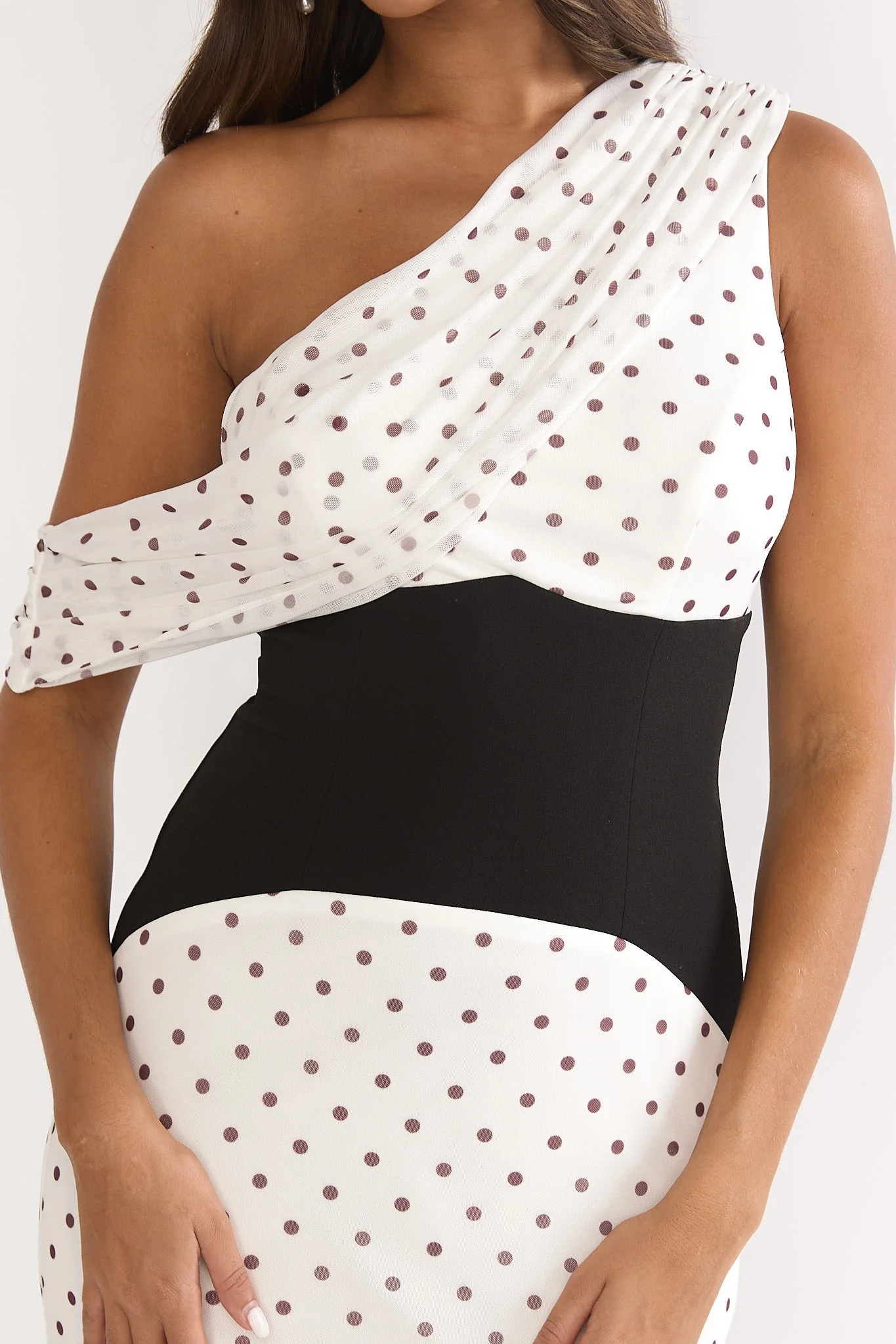 Milos Asymmetric Neckline Maxi Dress Polka Dot Brown - luluinthesky